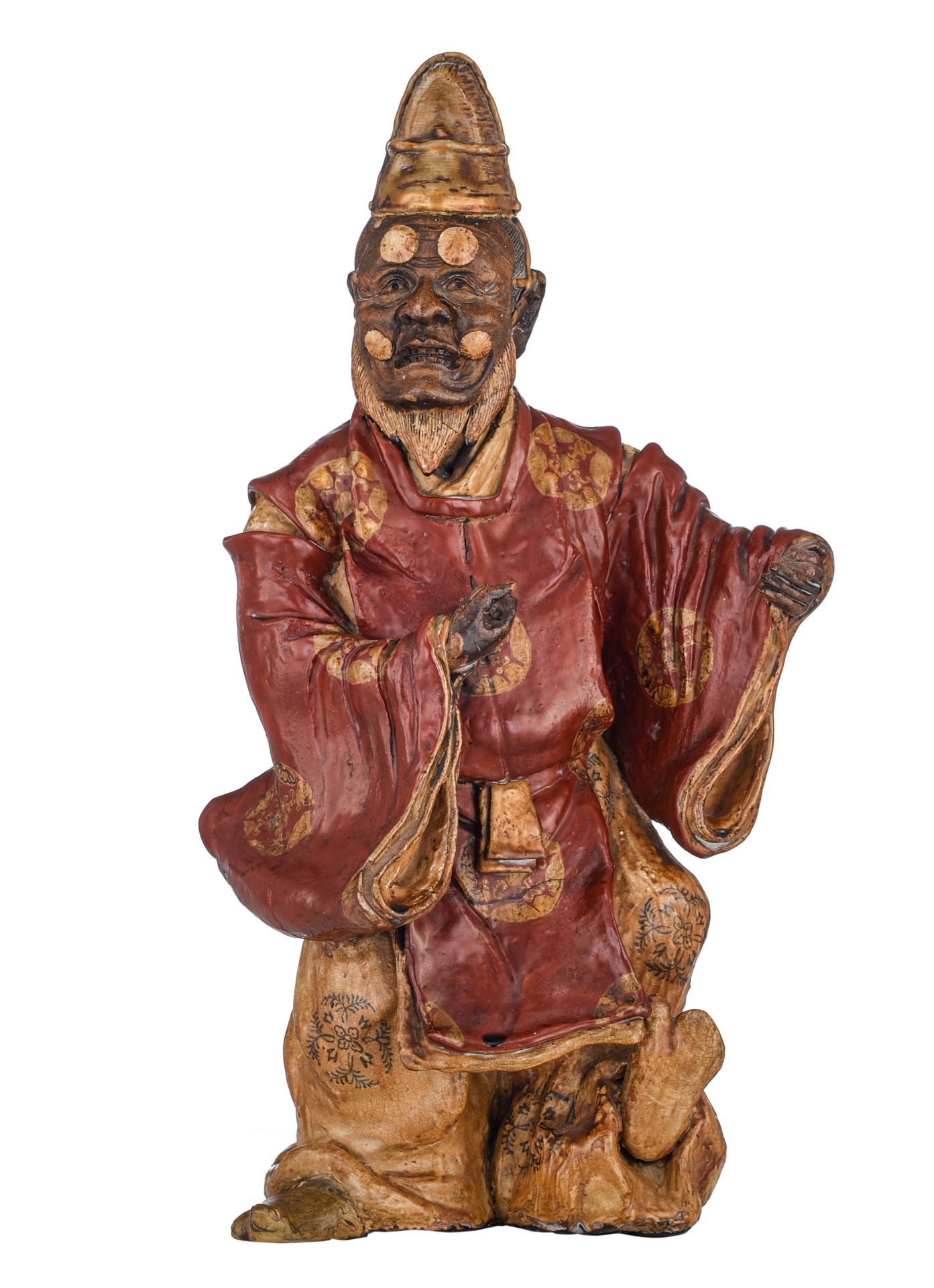 A Japanese stoneware sculpture of a standing man in brown and red glaze, 19thC, &hellip;