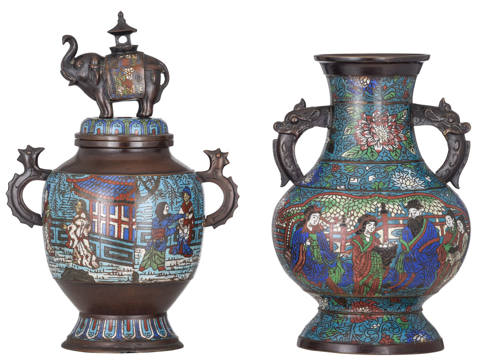 Two Japanese champleve bronze vases, 19thC/20thC, H 36,5 - 42,5 cm Deux vases ja&hellip;