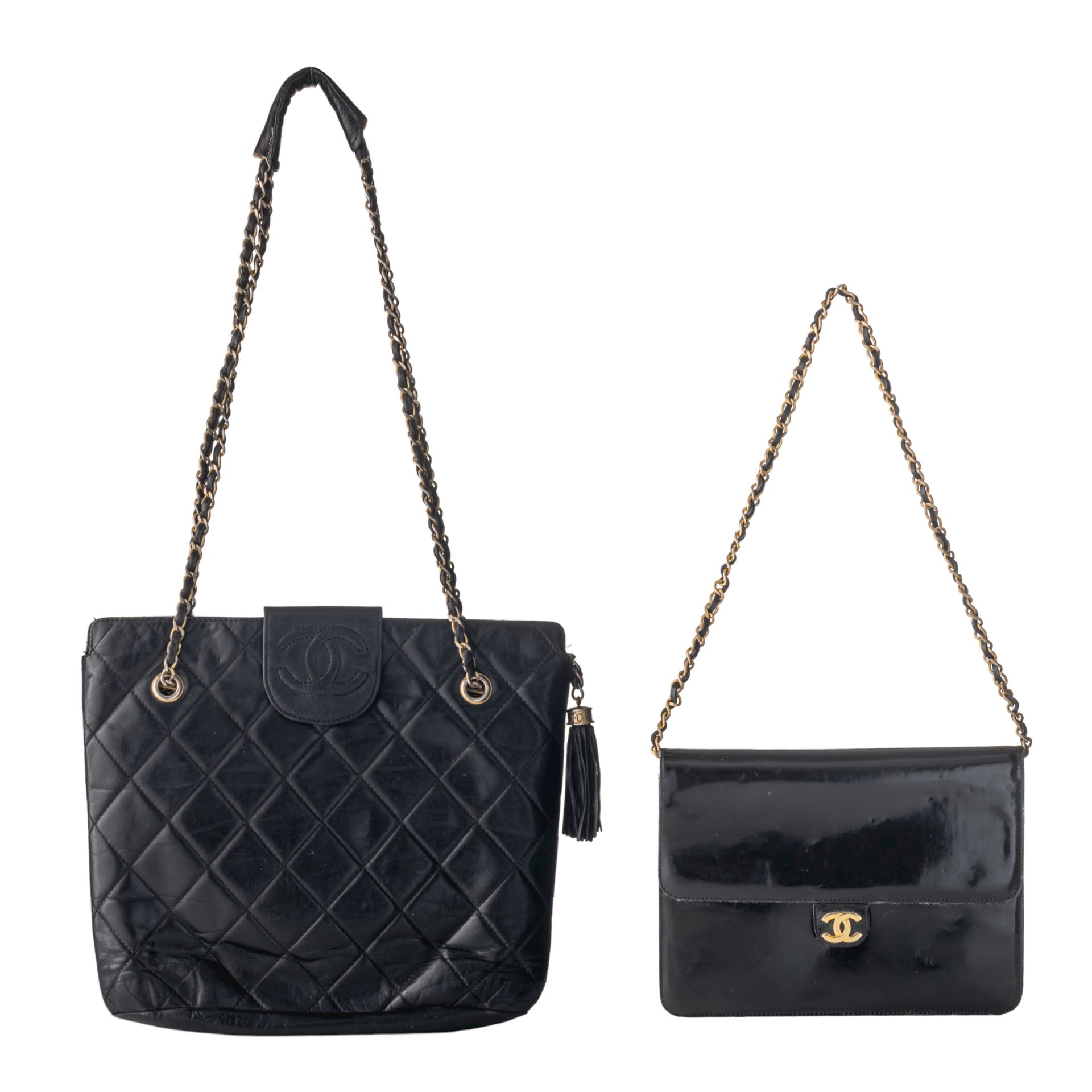 Two vintage Chanel black leather handbags, H 18,5 x 25 cm / H 27 x 30 cm Deux sa&hellip;