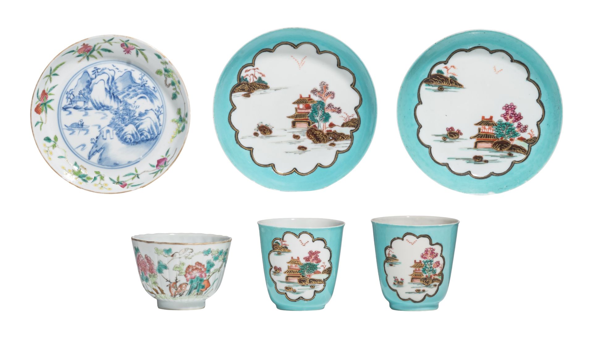 Two rare sets of Meissen-inspired Chinese export porcelain cups and saucers, 18t&hellip;