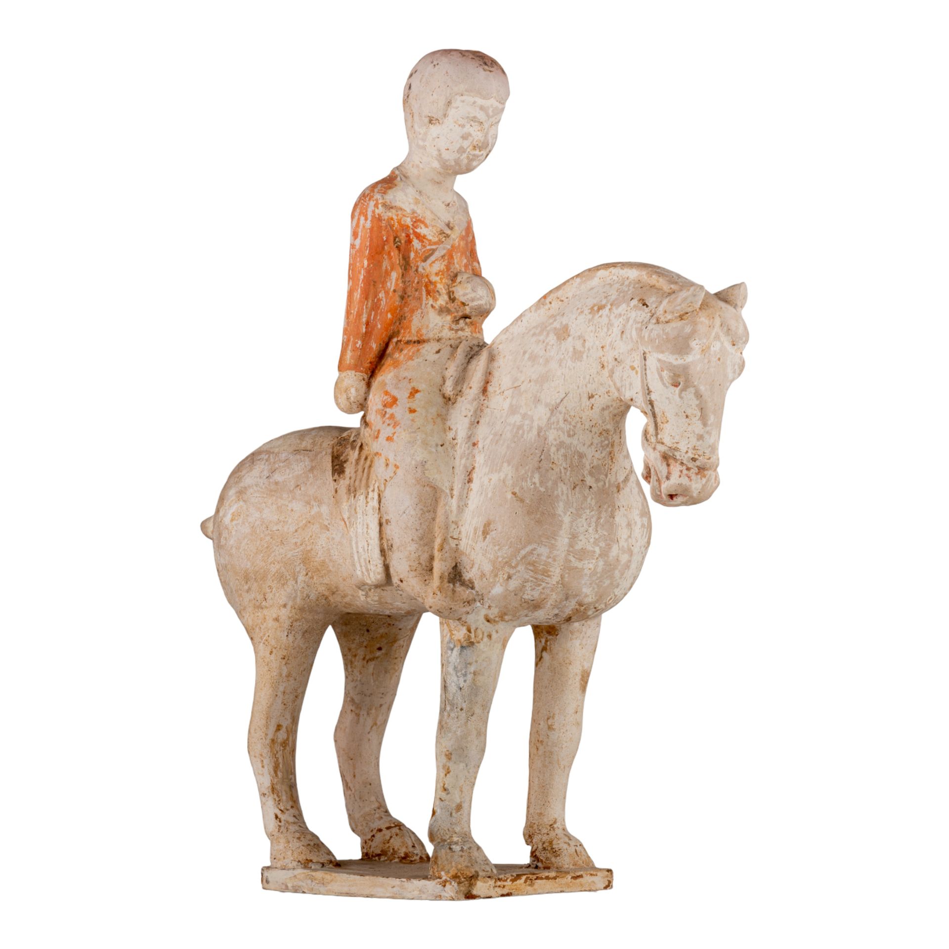 A Chinese painted pottery figure of a horse and a rider, Tang dynasty, L 25,8 - &hellip;