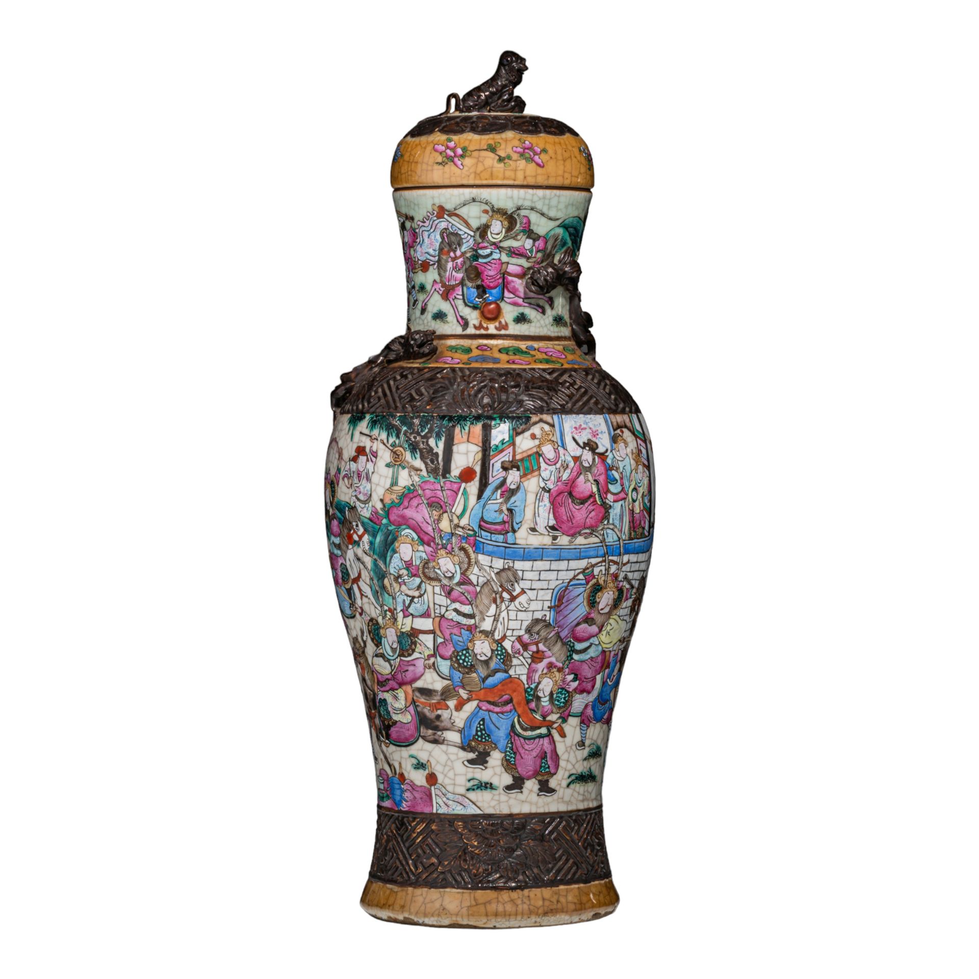 A Chinese famille rose 'Battle scene' Nanking stoneware lidded vase, 19thC, Tota&hellip;