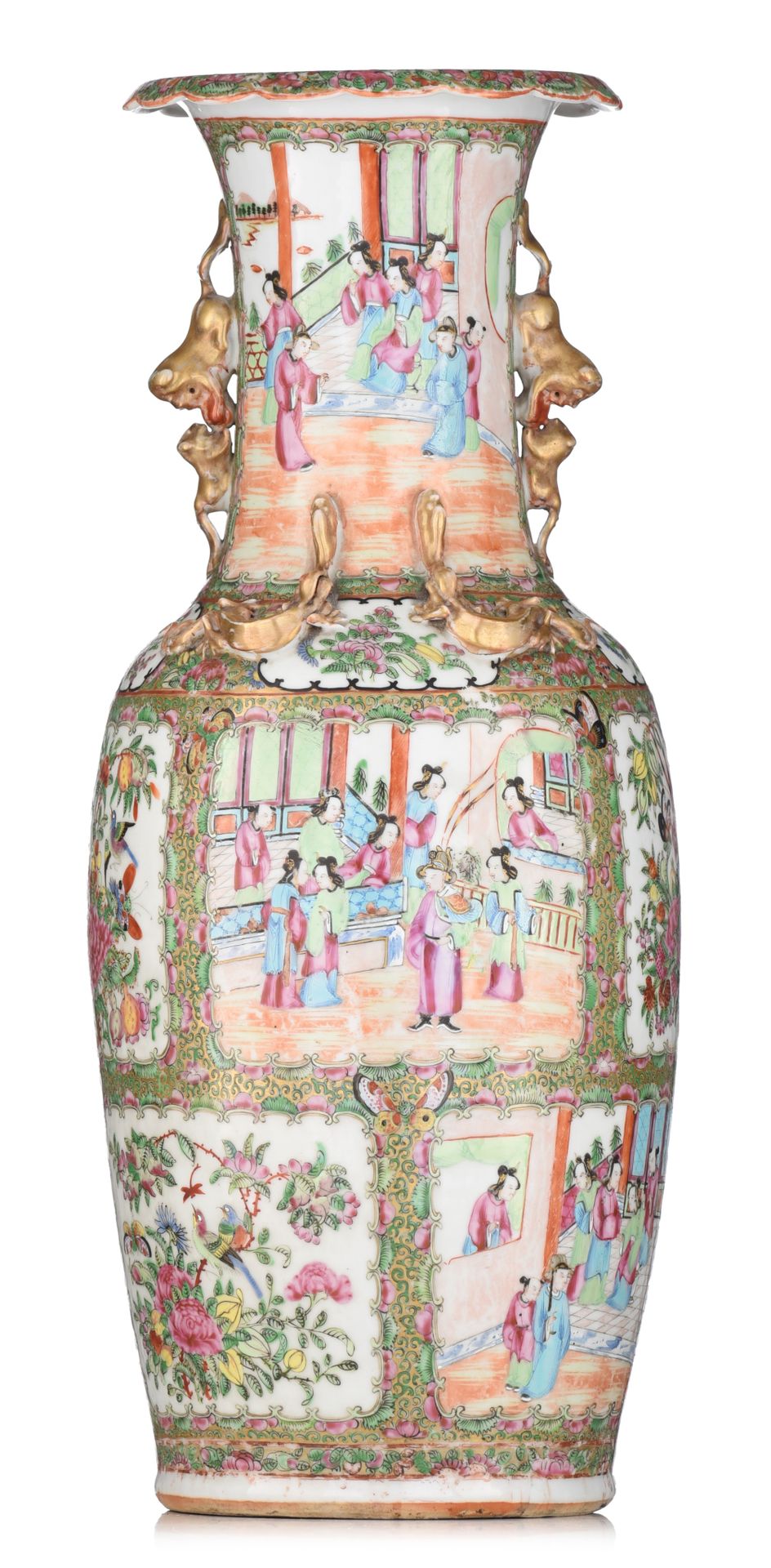 A Chinese Canton famille rose vase, paired with Fu-lion handles, 19thC, H 61,5 c&hellip;