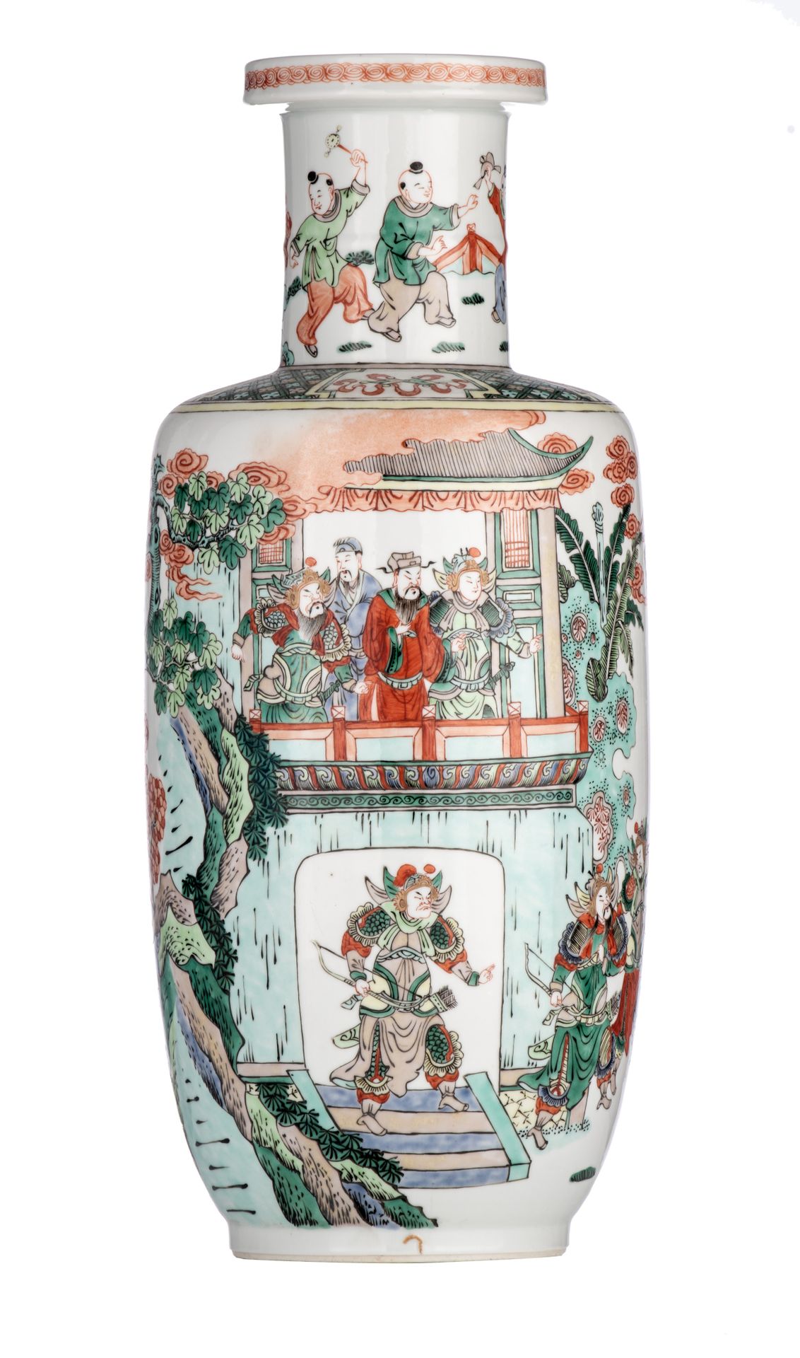 A Chinese famille verte 'Romance of the Three Kingdoms' rouleau vase, late Qing/&hellip;