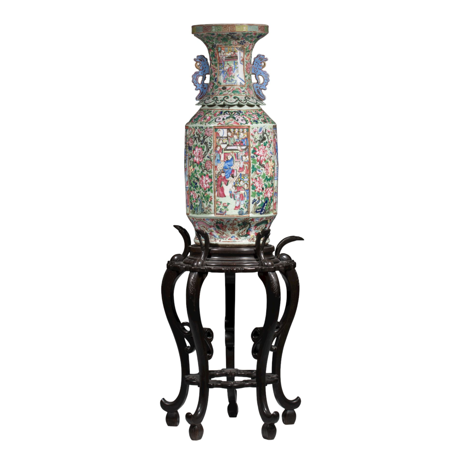 An imposing Chinese Canton famille rose vase, paired with stylised dragon handle&hellip;