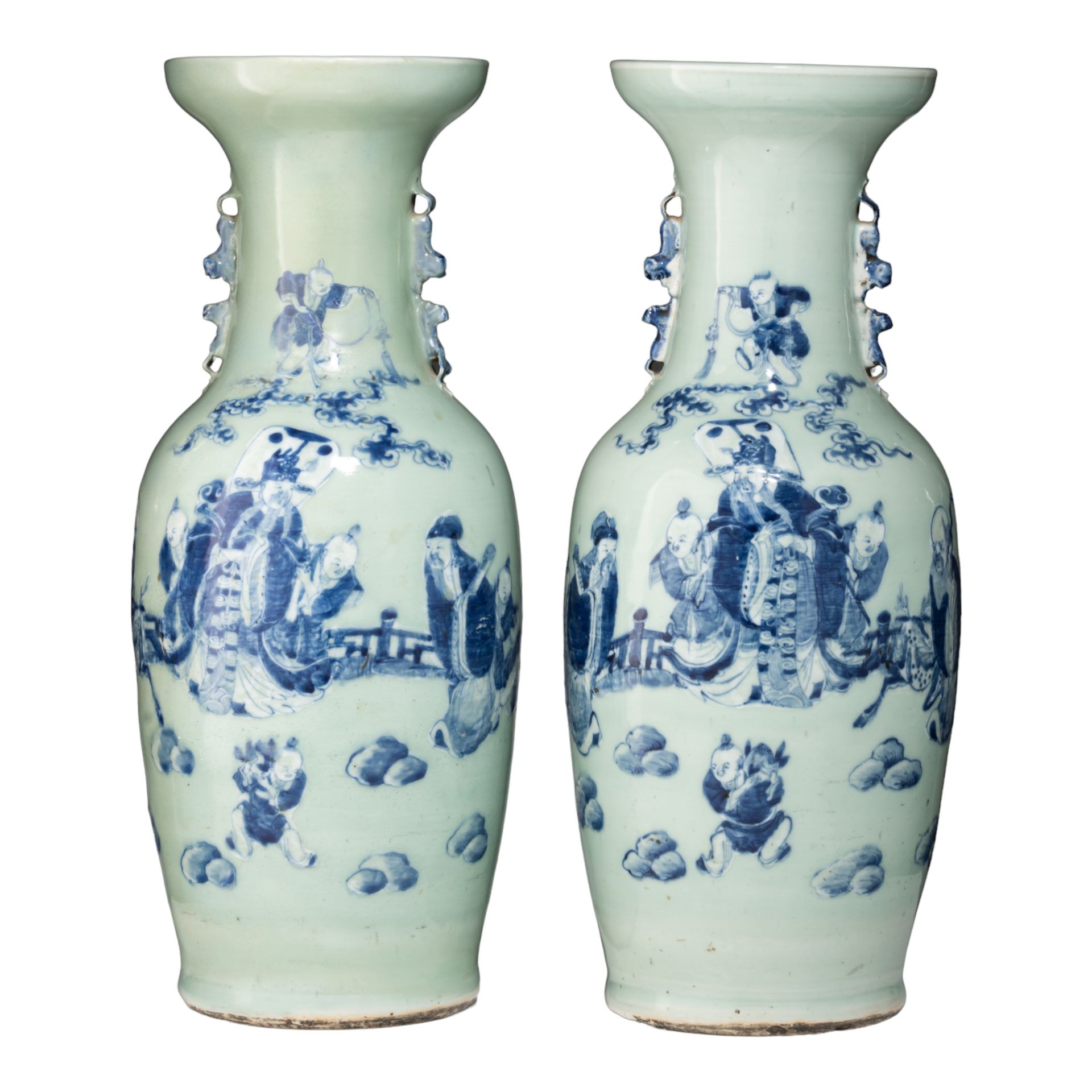 A pair of Chinese blue and white on celadon ground 'Immortals' vases, 19thC, H 5&hellip;