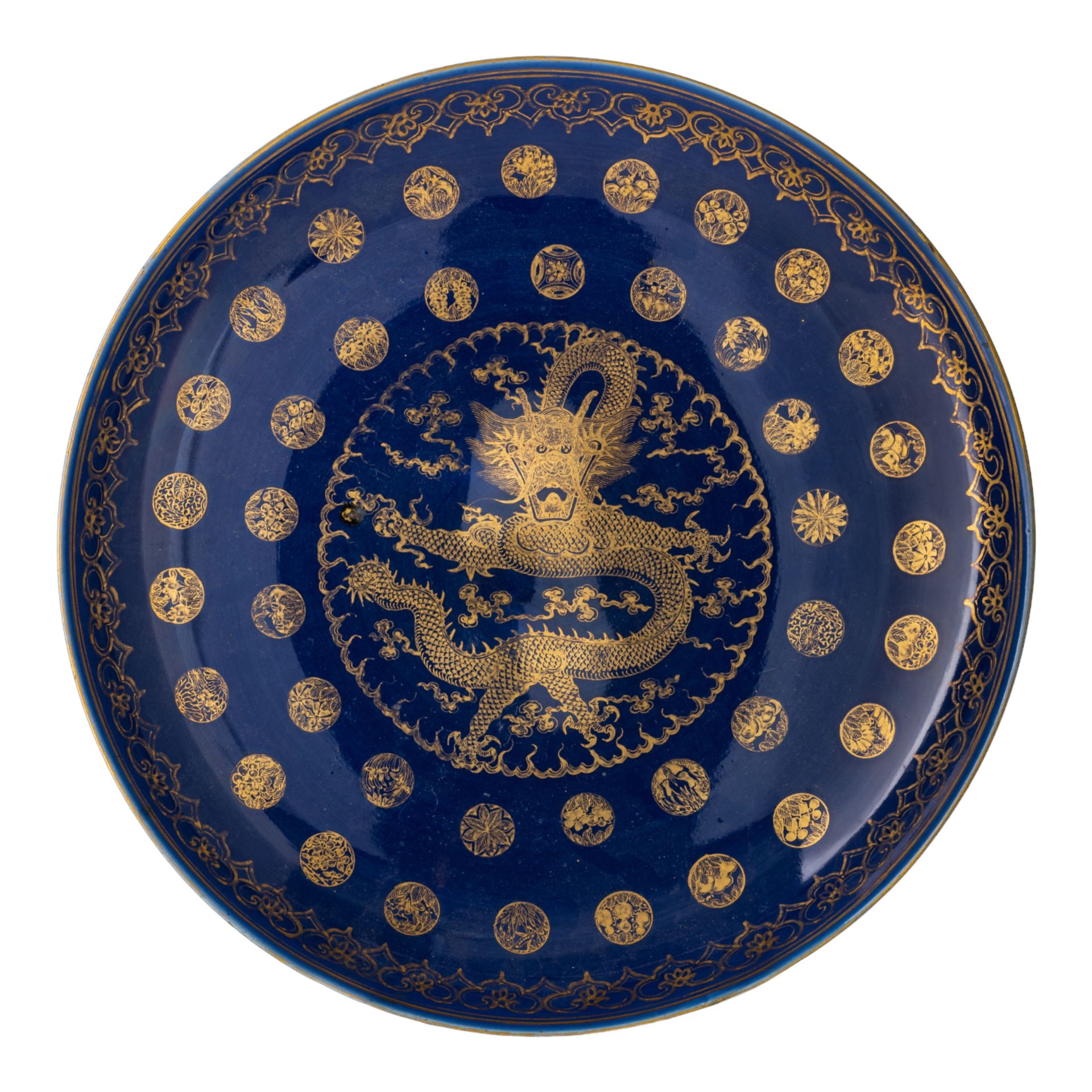 A Chinese gilt on monochrome blue ground 'Dragon' charger, marked Guangxu and of&hellip;