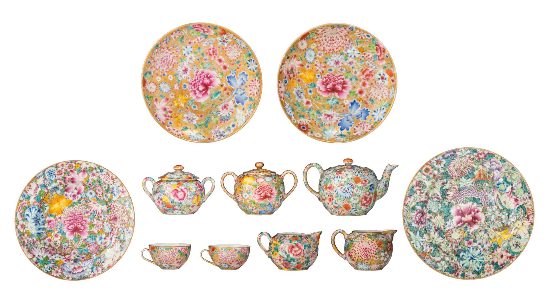 A Chinese famille rose millefleurs pattern coffee set, some marked Guangxu and o&hellip;