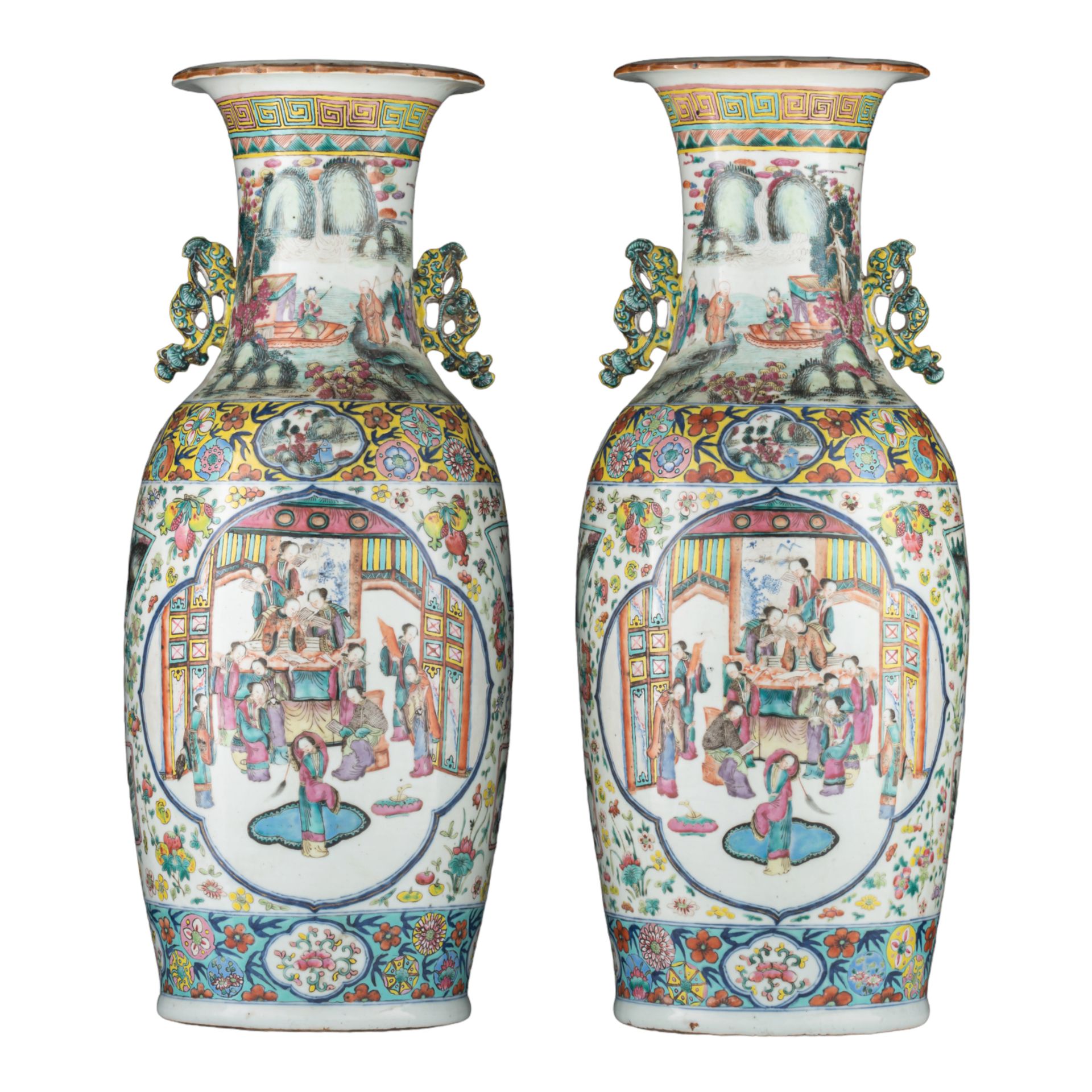 A pair of Chinese famille rose 'Court scene' vases, paired with lingzhi handles,&hellip;