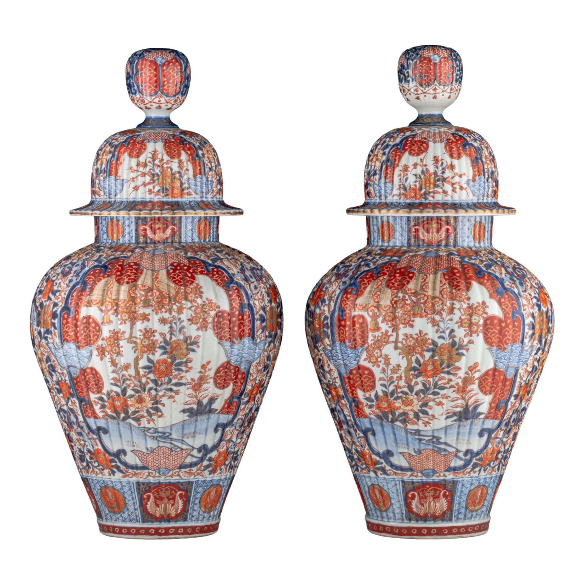 A pair of large Japanese Imari ribbed vases and covers, Edo period, late 18thC, &hellip;