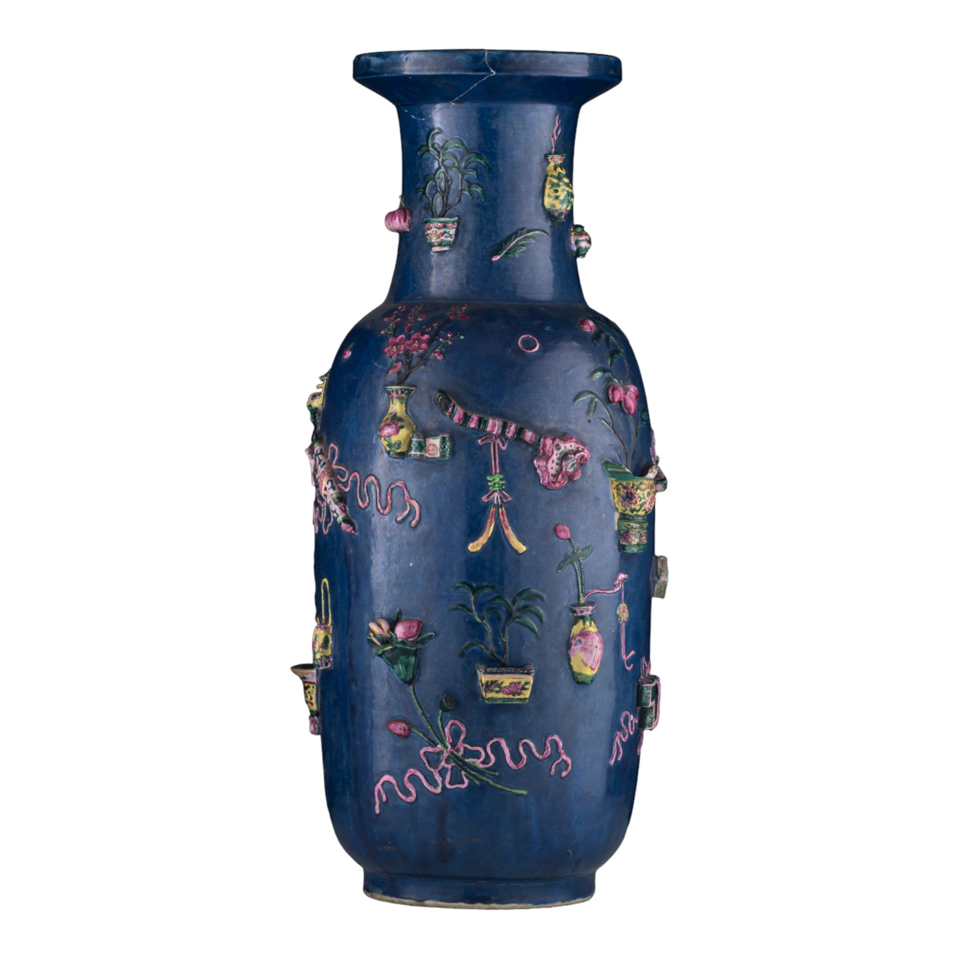 A Chinese blue ground 'One Hundred Treasures' vase, 19thC, H 60,8 cm Vase "Cent &hellip;