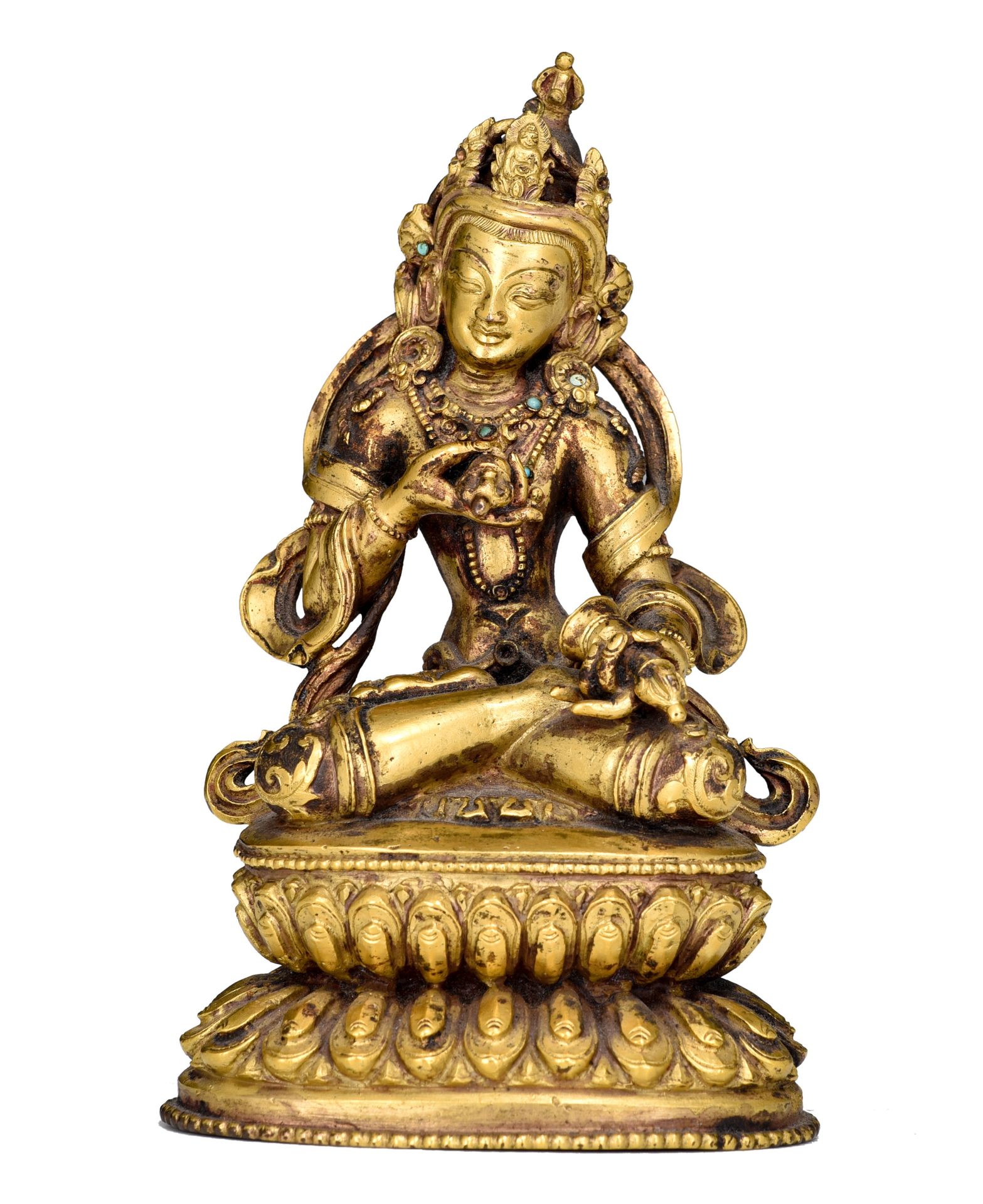 A Sino-Tibetan gilt-bronze figure of Vajrasattva, with semi-precious stone inlay&hellip;