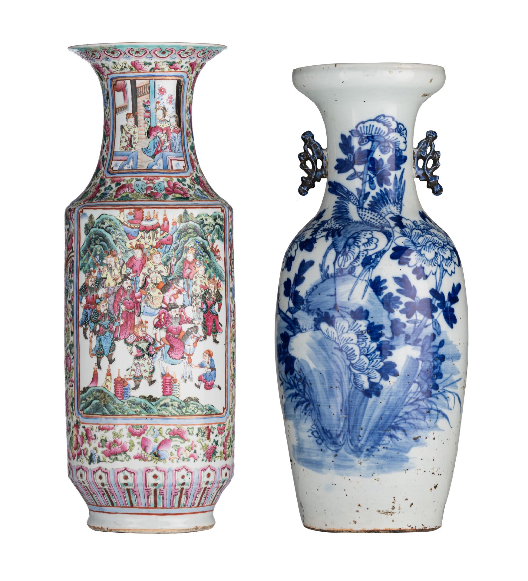 A Chinese famille rose 'Banquet' vase, and a blue and white vase, 19thC, H 59,5 &hellip;