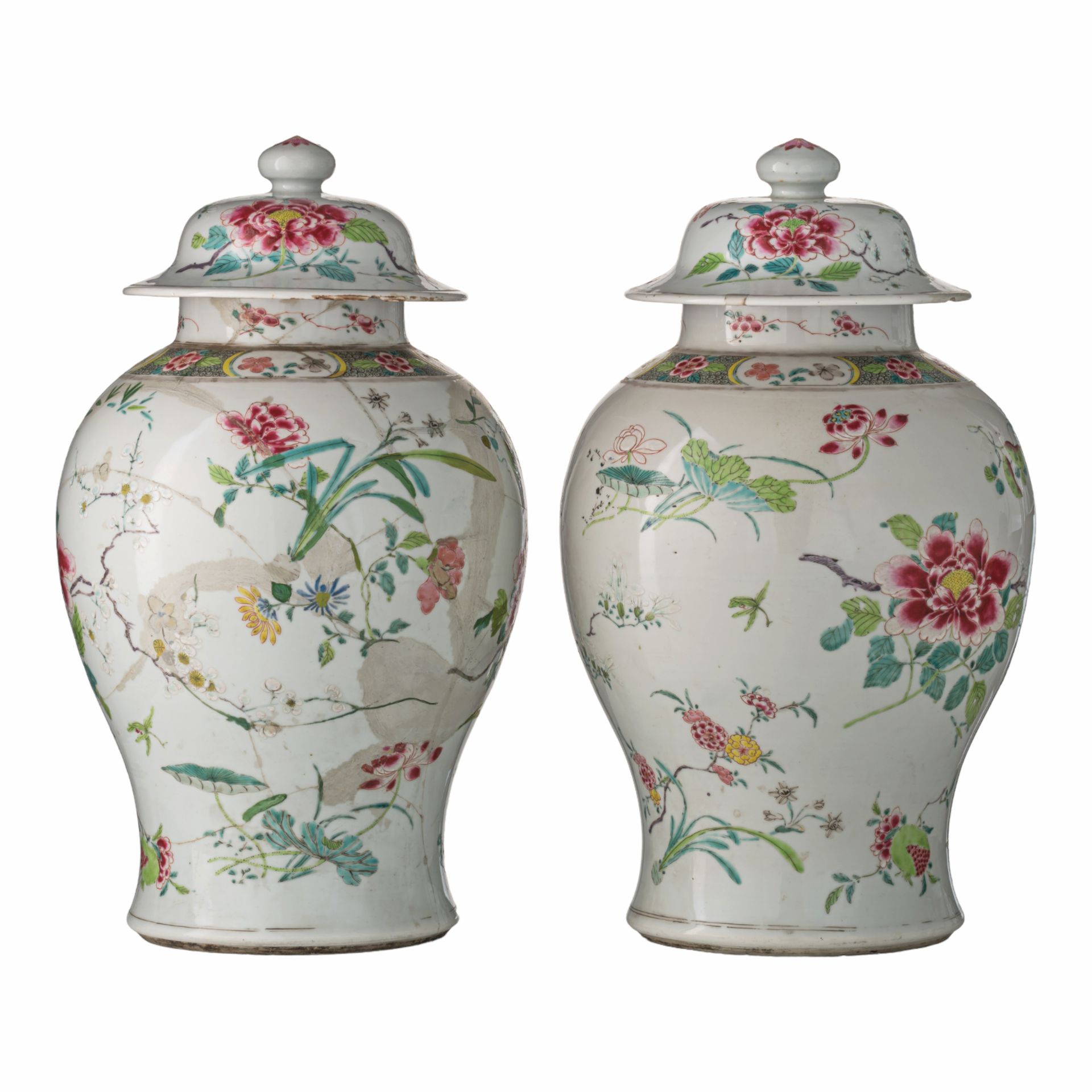A pair of Chinese famille rose floral decorated covered vases, Yonghzeng period,&hellip;