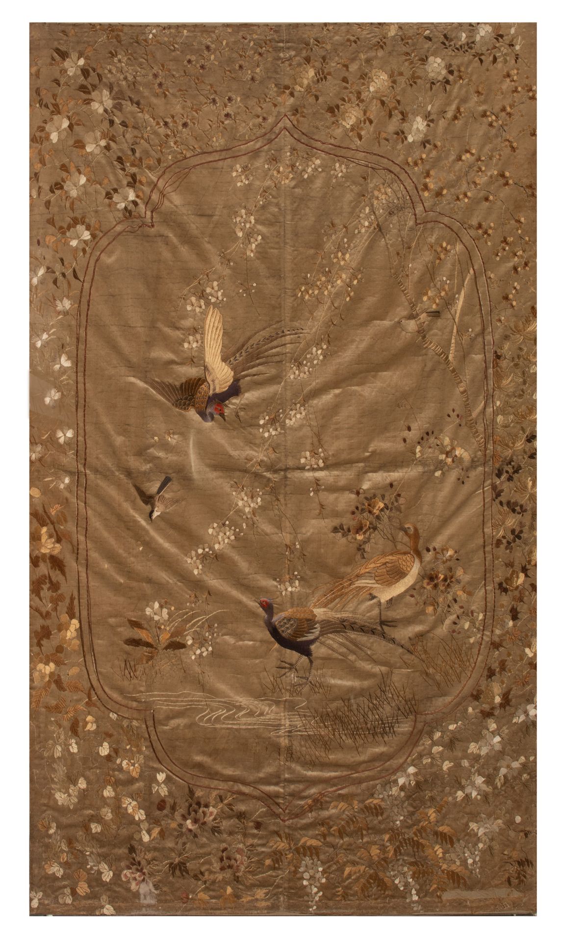 A large Chinese silk 'Pheasants' embroidery, fitted in a glass frame, 19thC, 160&hellip;