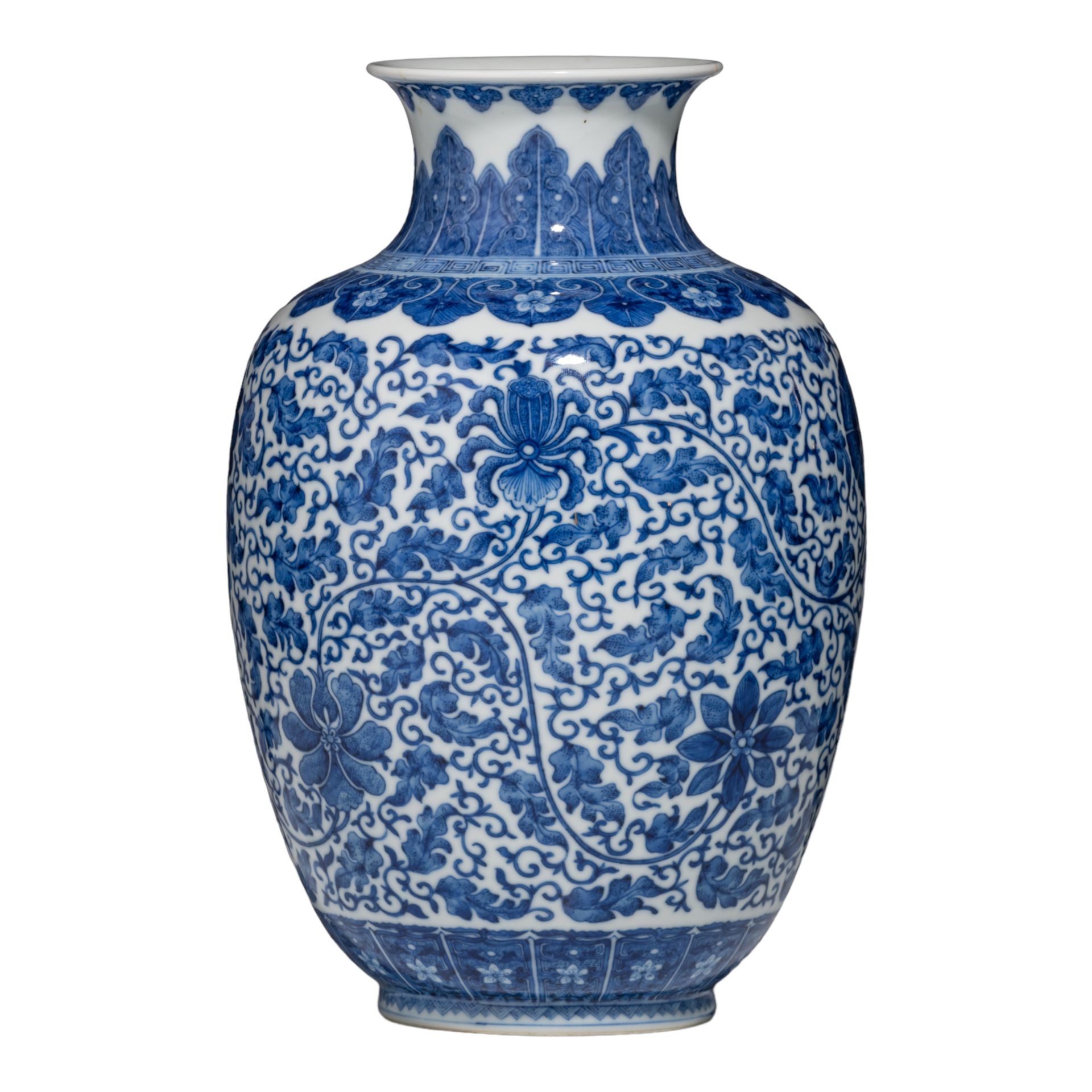 A Chinese blue and white 'Lotus scrolls' vase, with a Qianlong mark, H 29,5 cm V&hellip;