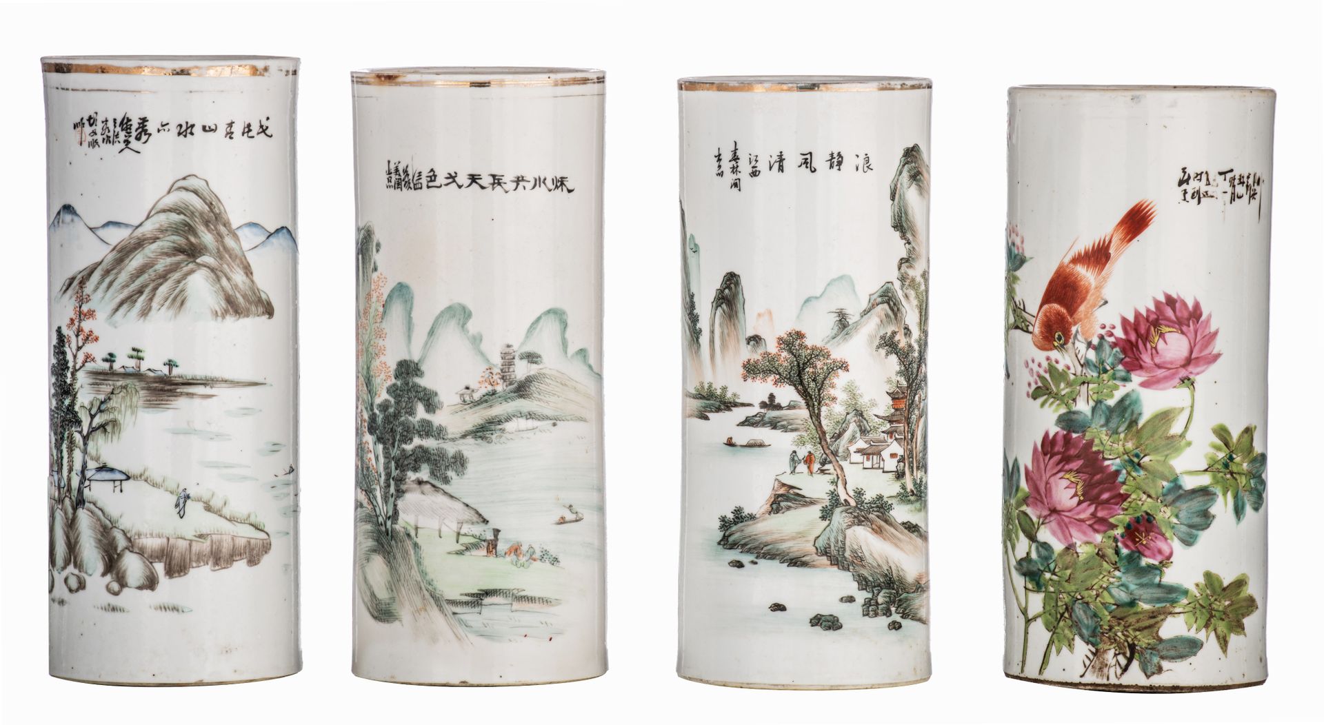 A collection of four Chinese Qianjiangcai cylindrical vases, each with a signed &hellip;