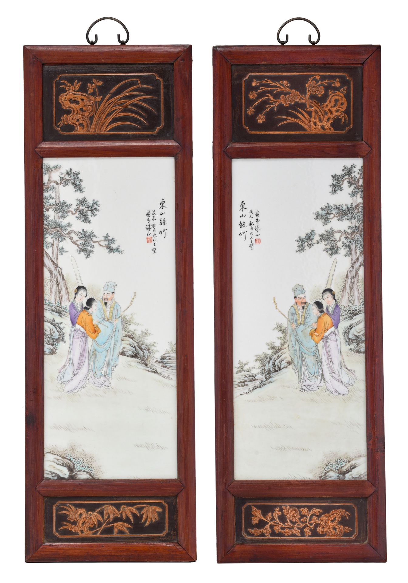 A pair of Chinese famille rose plaques, with a signed text, 20thC, 30,7 x 94,8 c&hellip;