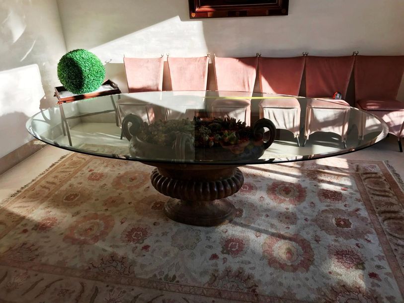 Null Table de salle à manger oval, plateau verre sur piètement résine en forme d&hellip;