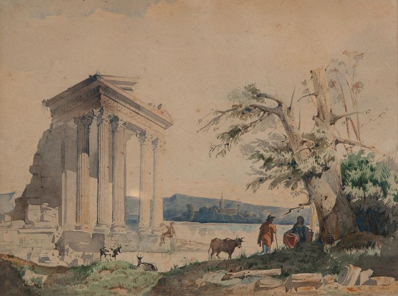 Null Jean-Louis DEMARNE (1752-1829) 
Bergers devant les ruines d'un temple. 
Aqu&hellip;