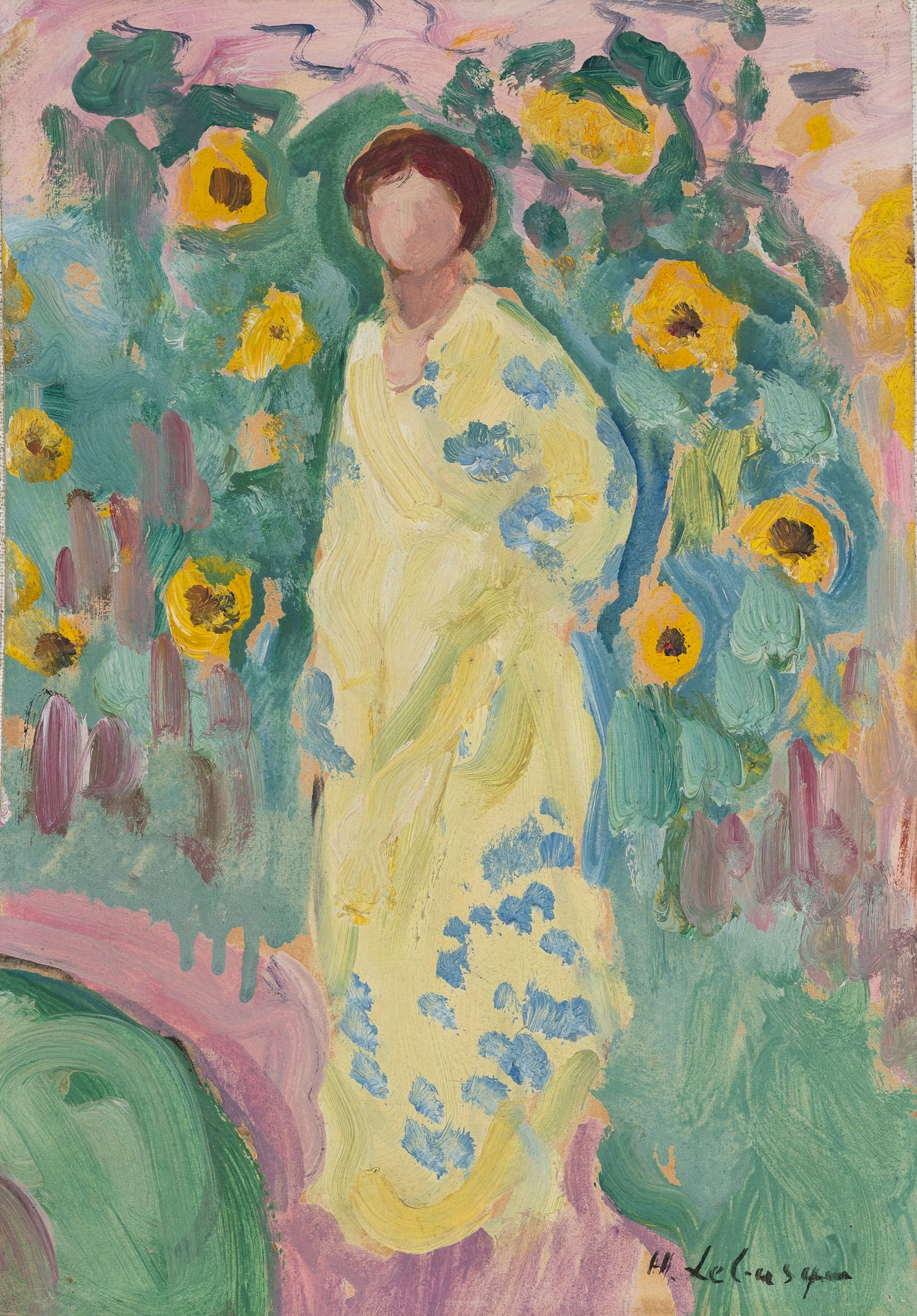 Null Henri LEBASQUE (1865-1937)

穿着花裙子的女人

纸上油画装在画布上，右下方有签名。

27 x 19厘米。