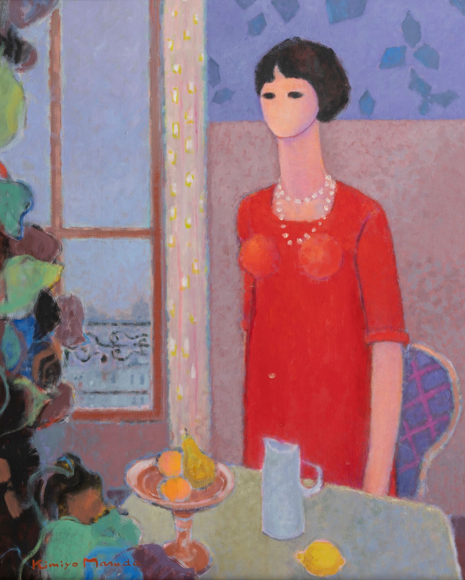 Null MASUDA Kimiyo (生于1943年)

衣服上有红色的女人

布面油画，左下方有签名。

背面有副署和日期89。

73 x 60厘米