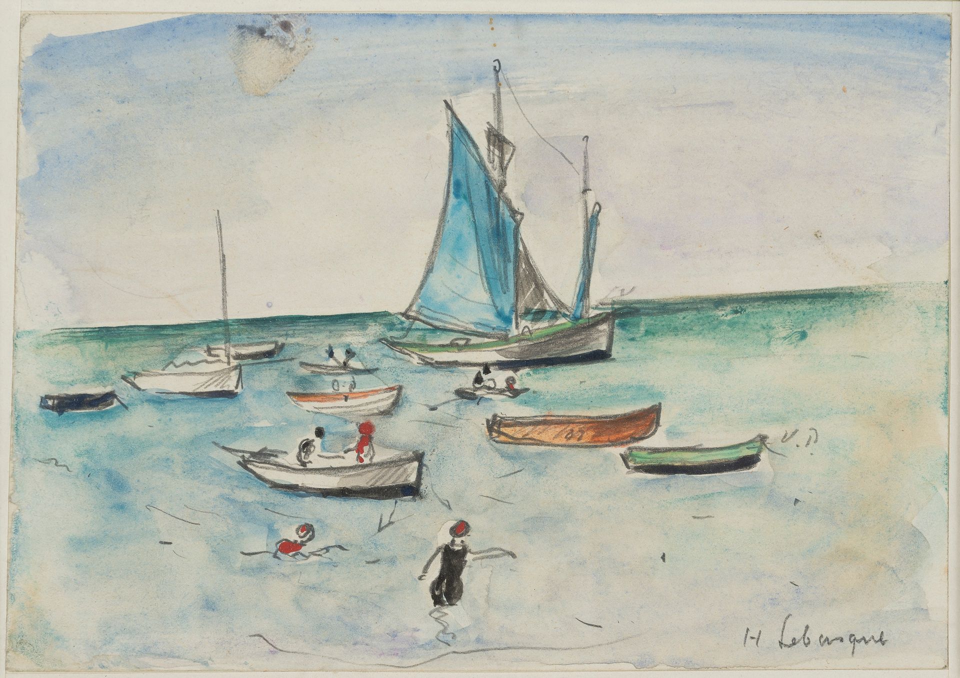 Null Henri LEBASQUE (1865-1937)

沐浴者和船只

水彩画，右下方有签名。

视线：11 x 15.5厘米。