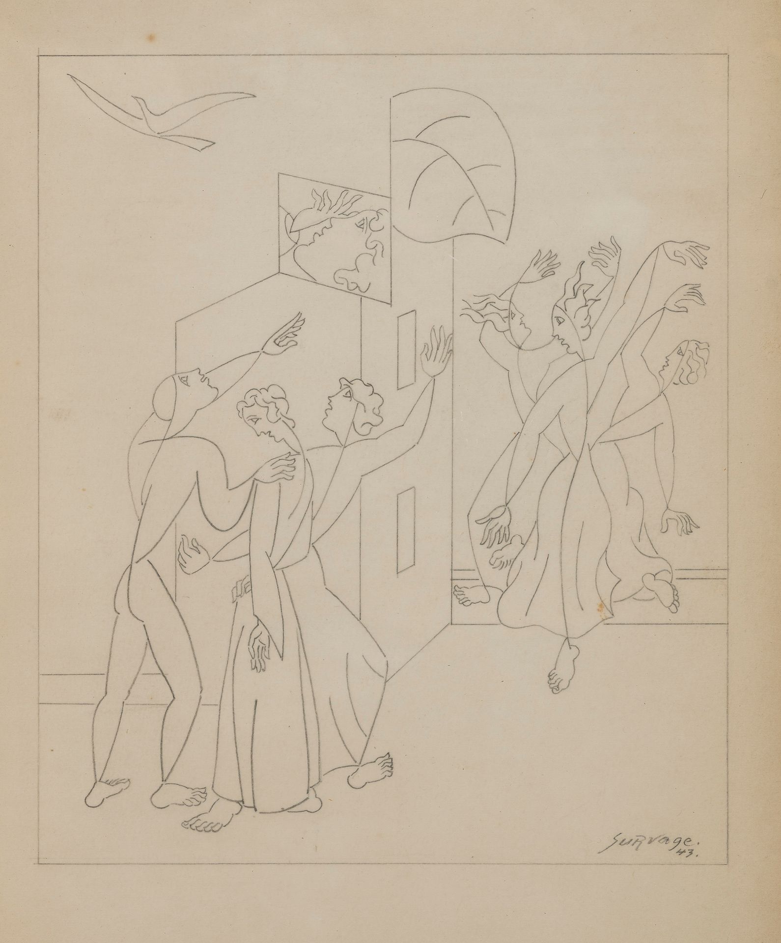 Null Léopold SURVAGE (1879 - 1968)

La gente, la casa y el pájaro, 

Dibujo firm&hellip;