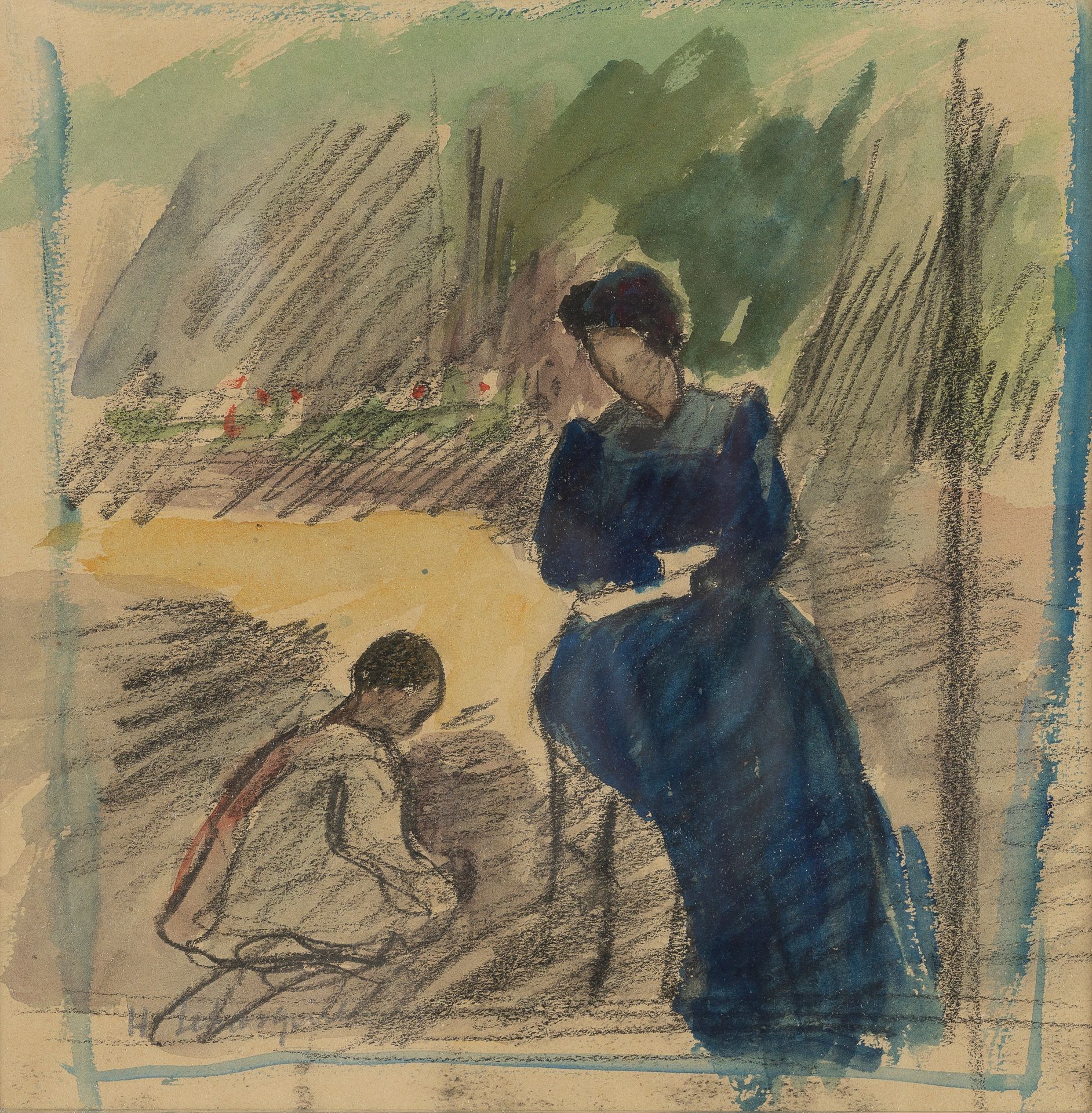 Null Henri LEBASQUE (1865-1937)

花园里的母亲和孩子

水彩画，左下角有签名，背面有画。

视线：18.5 x 18.5厘米。