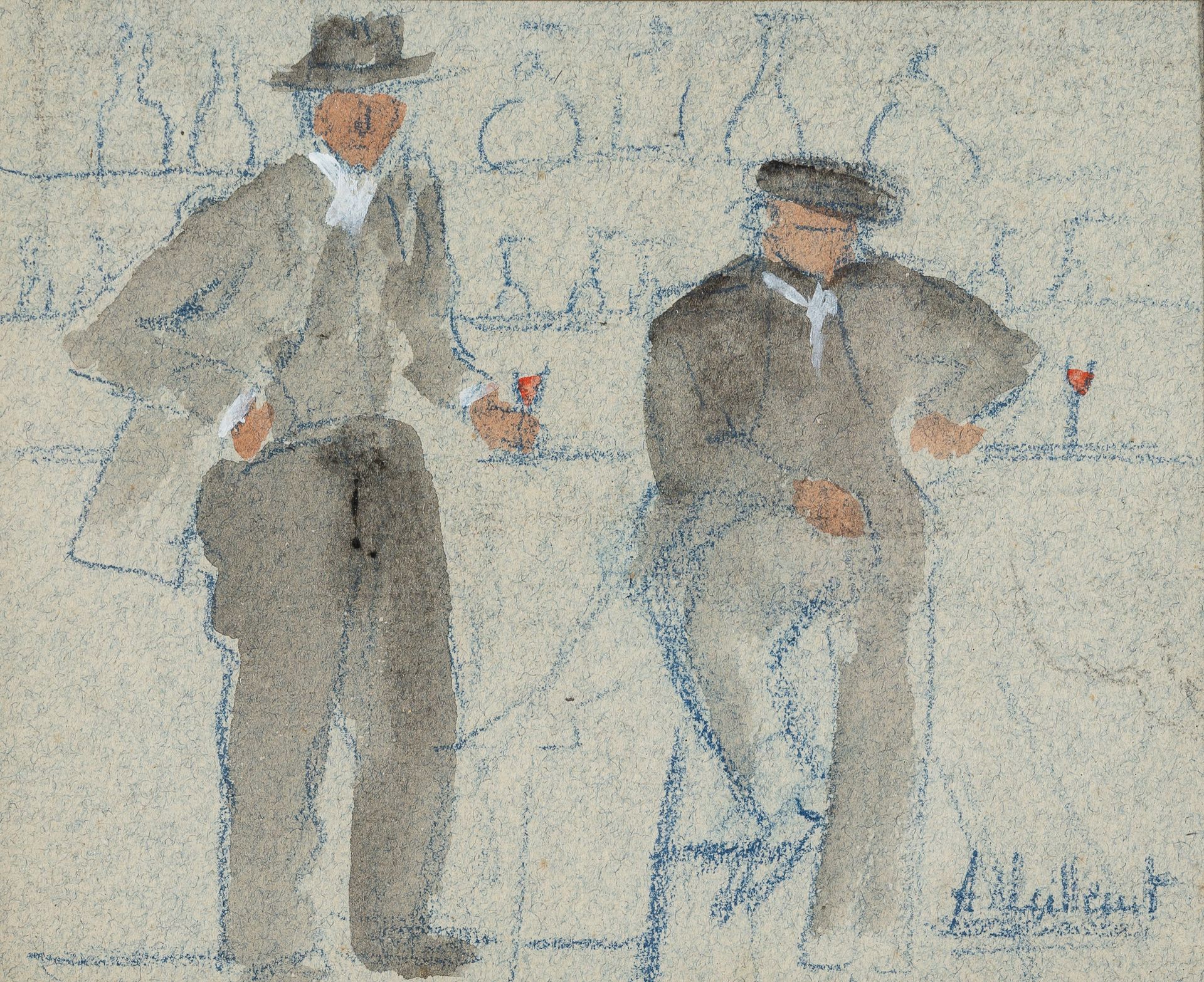 Null 奥古斯特-维耶莫 (1883 - 1970)

在柜台前

水彩画和铅笔，右下角有签名。

展览中 10 x 15 cm。