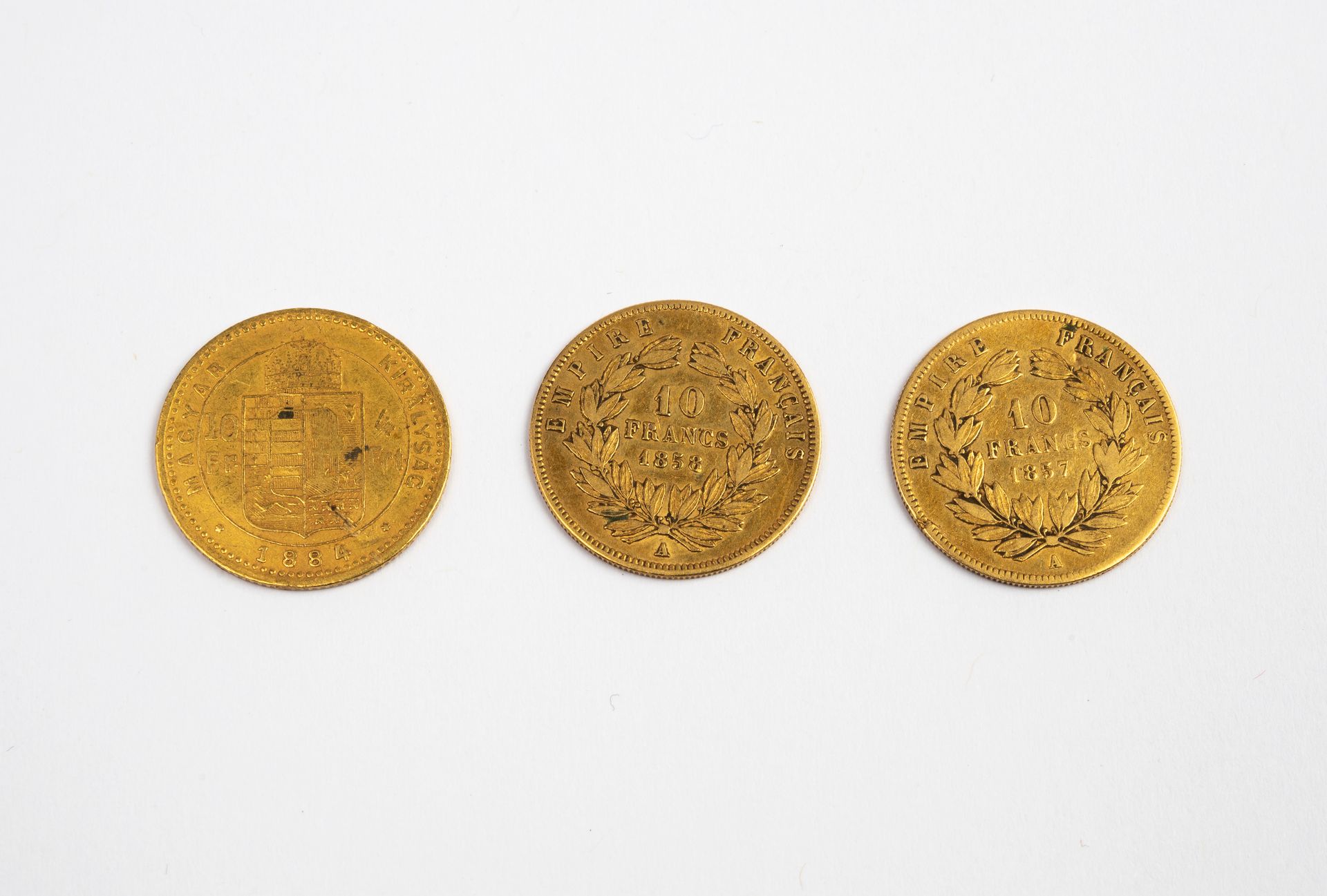 Null Lot including two 10 francs gold Napoleon bareheaded coins (1857,1858) and &hellip;