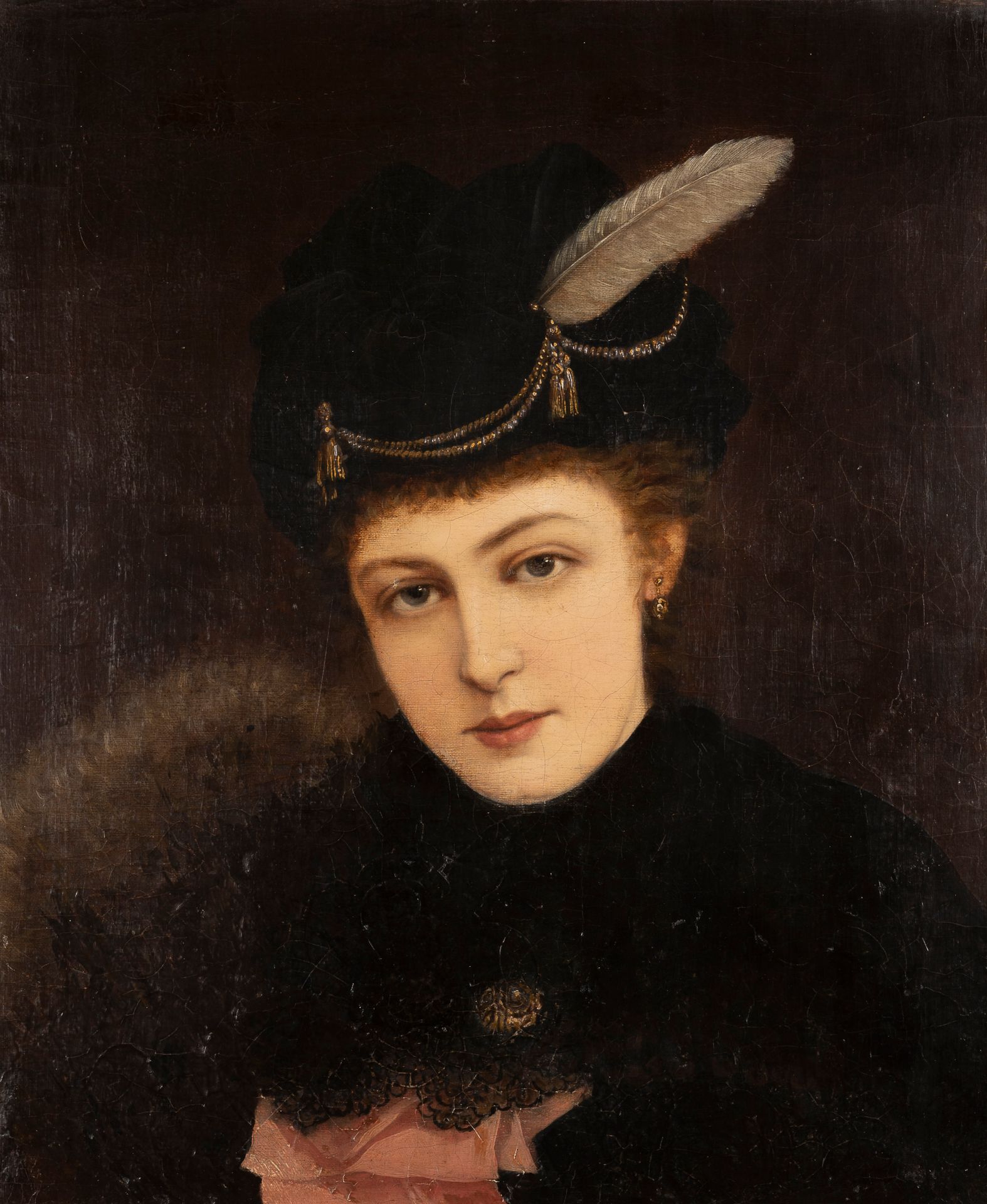 Null 19世纪的法国学校

穿着黑衣的优雅女士的肖像

布面油画

(内页)

49 x 40厘米。
