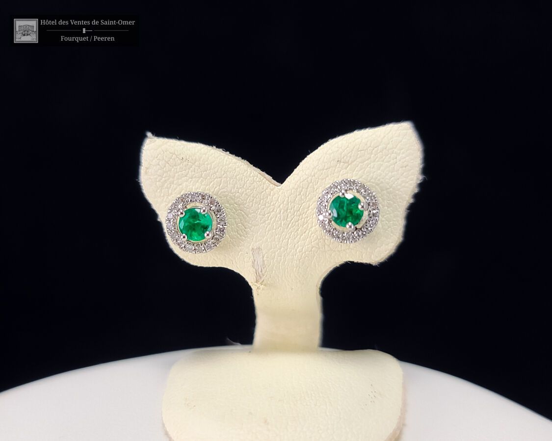 Null Pair of earrings in white gold 750°/.(18K) 1g15 adorned with two Emeralds f&hellip;