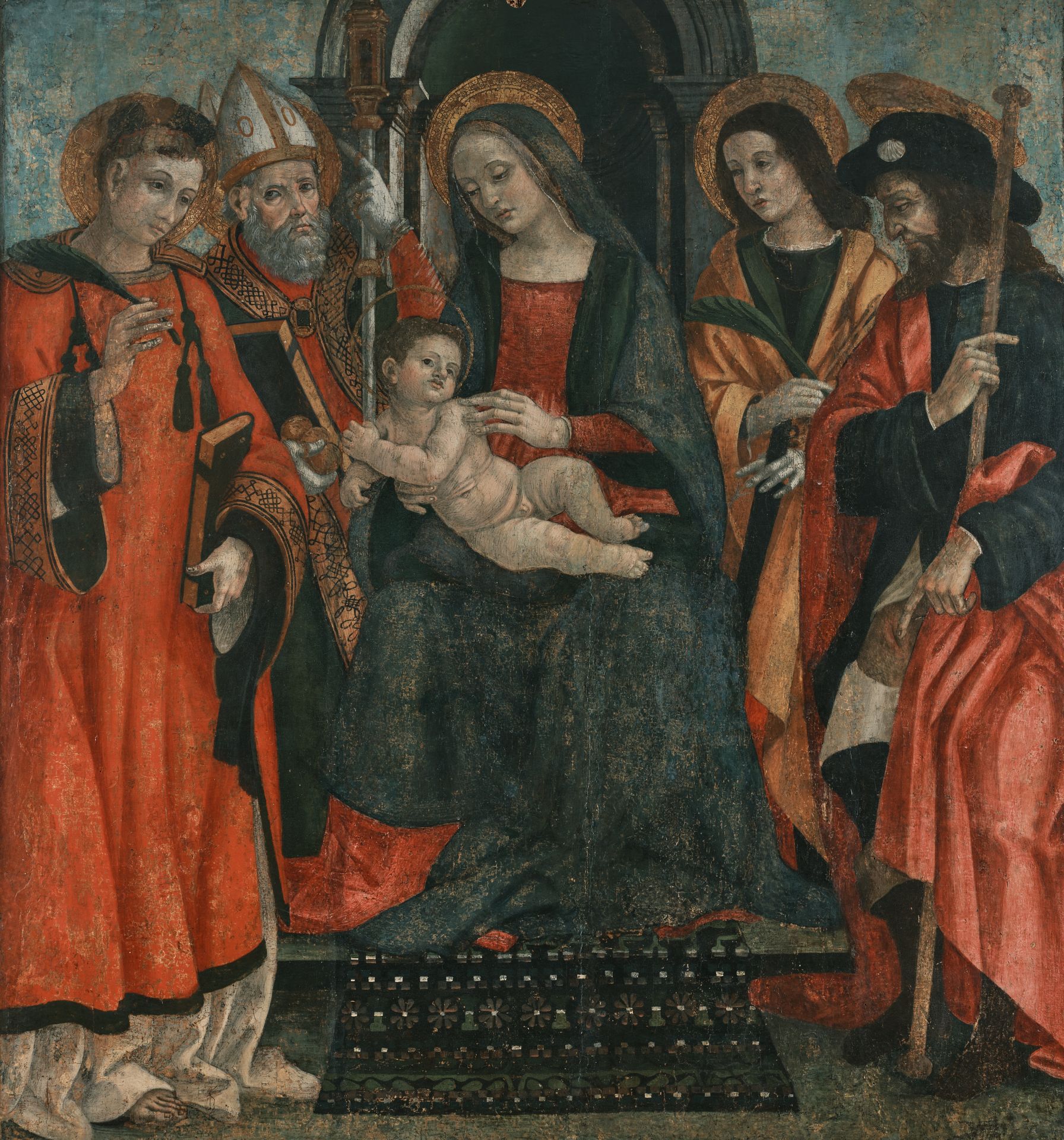 Null 归功于弗朗西斯科-博蒂奇尼（佛罗伦萨1446 - 1498）。



圣洁的对话：圣徒劳伦斯、尼古拉、塞巴斯蒂安和圣罗克之间的圣母与圣婴

插在杆上的&hellip;