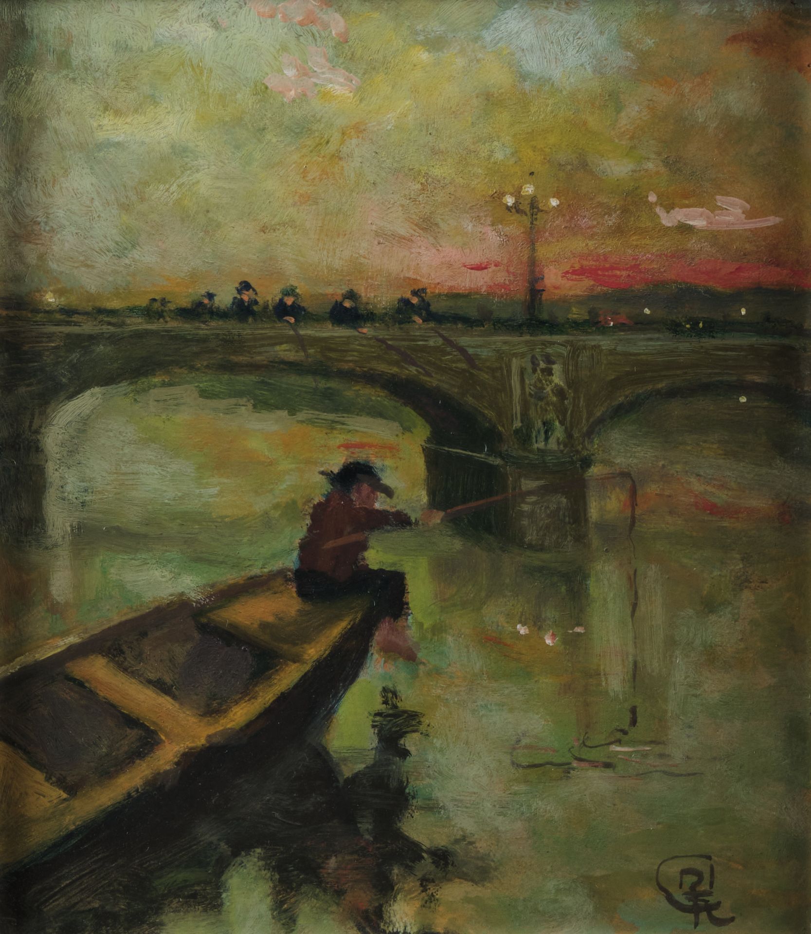 Null 奥古斯丁-格拉斯-米克(1873-1963)
塞纳河畔的渔夫
伊索尔上的油彩。 
右下方有签名。 
22 x 19 cm