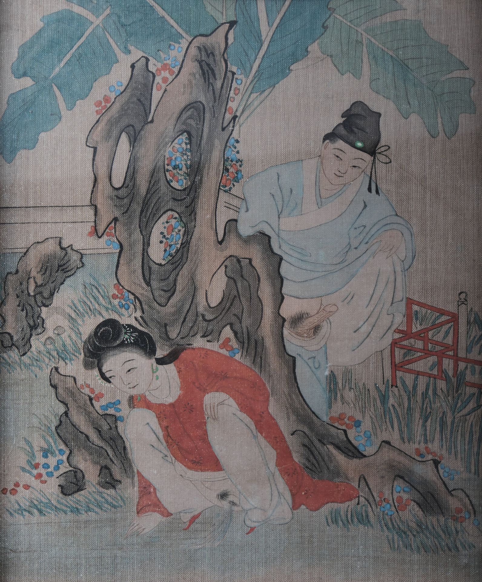 Null 中国，清朝，19世纪
套画 
十二幅彩色水墨画，描绘了被称为 "春宫图 "的色情场景，描绘了室内和室外场景中各种嬉戏的情侣。 
在玻璃下装裱。
视线：&hellip;