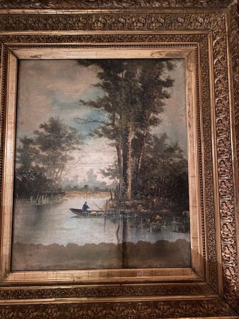 Null 十九世纪的法国画派 "带船的渔夫"。 
布面油画，粉刷的金丝楠木框架
高96，宽85
