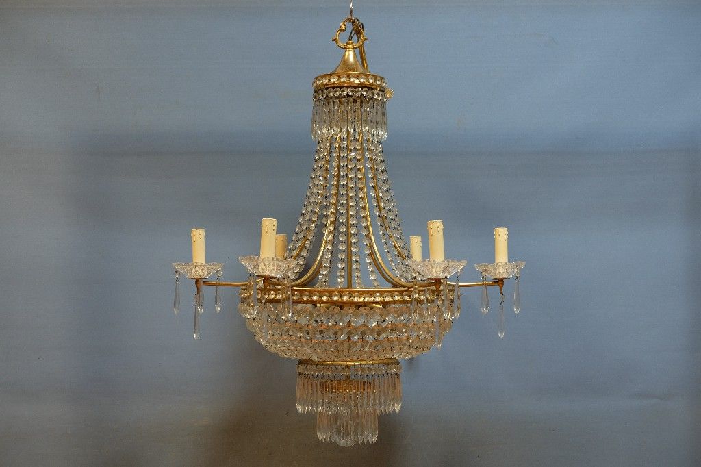 Null Chandelier "pearl bag", gilded brass frame (9 lights) (H: 90 cm)