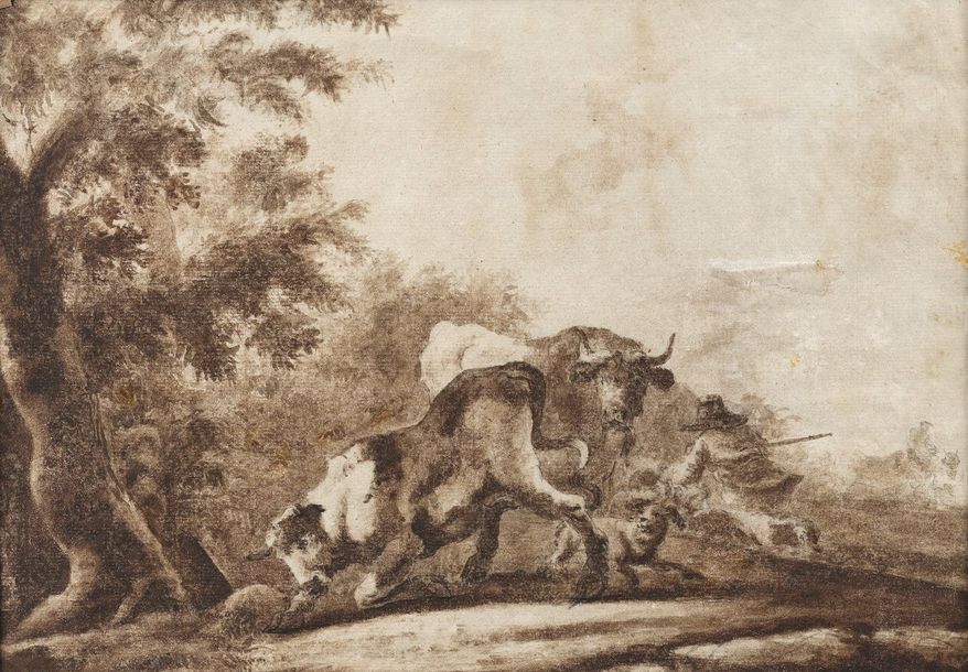 Ecole Flamande du XVIIIe siècle 
Cattle and breeder by the side of an ink and wa&hellip;