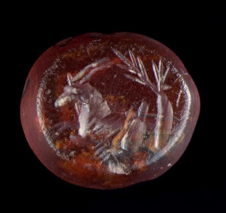 Null 橢圓形及截斷的圓錐形凹版雕刻，左邊有一棵樹下的capridé。红玉髓。罗马艺术，3世纪。
0.9 x 1 cm
小火花。