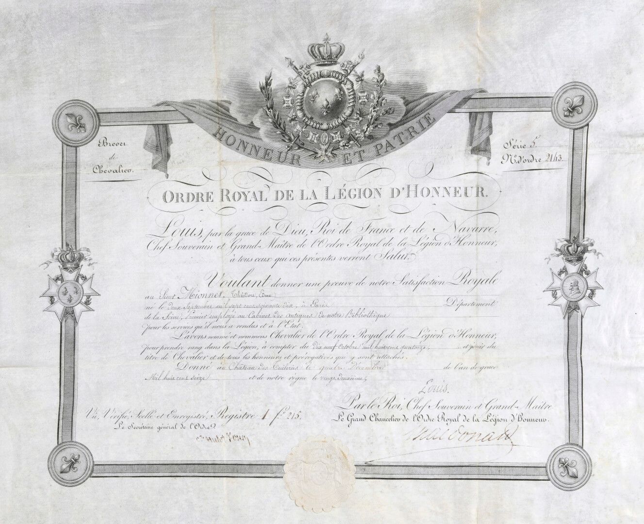 Null 档案 泰奥多-埃德梅-米昂纳[巴黎，1770年--同上，1842年]。

雕刻在牛皮纸上的大型文凭：皇家荣誉军团勋章。颁发给

西奥多-埃米-米昂内特&hellip;