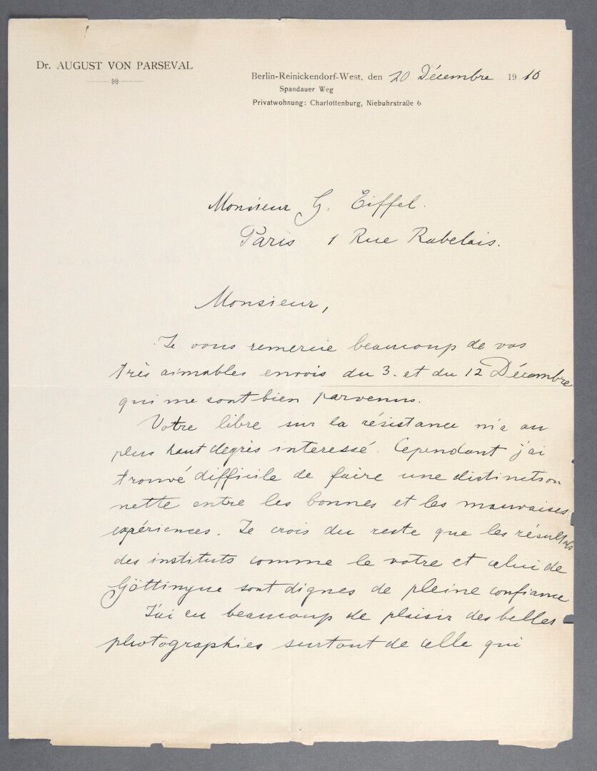 Null 帕塞瓦尔-弗朗索瓦-马克斯-奥古斯特-冯 [Frankenthal, 1861 - Berlin, 1942]，德国工程师。

签名的亲笔信，写给古斯&hellip;