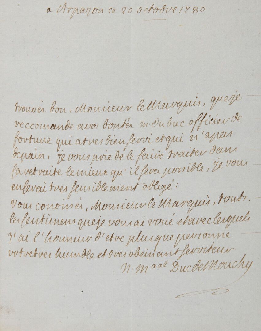 Null 穆希-菲利普，诺伊尔伯爵，[1715年，巴黎-1794年，同上]公爵，法国元帅。

签名的亲笔信，写给一位侯爵。阿尔帕戎，1780年10月20日；1页&hellip;