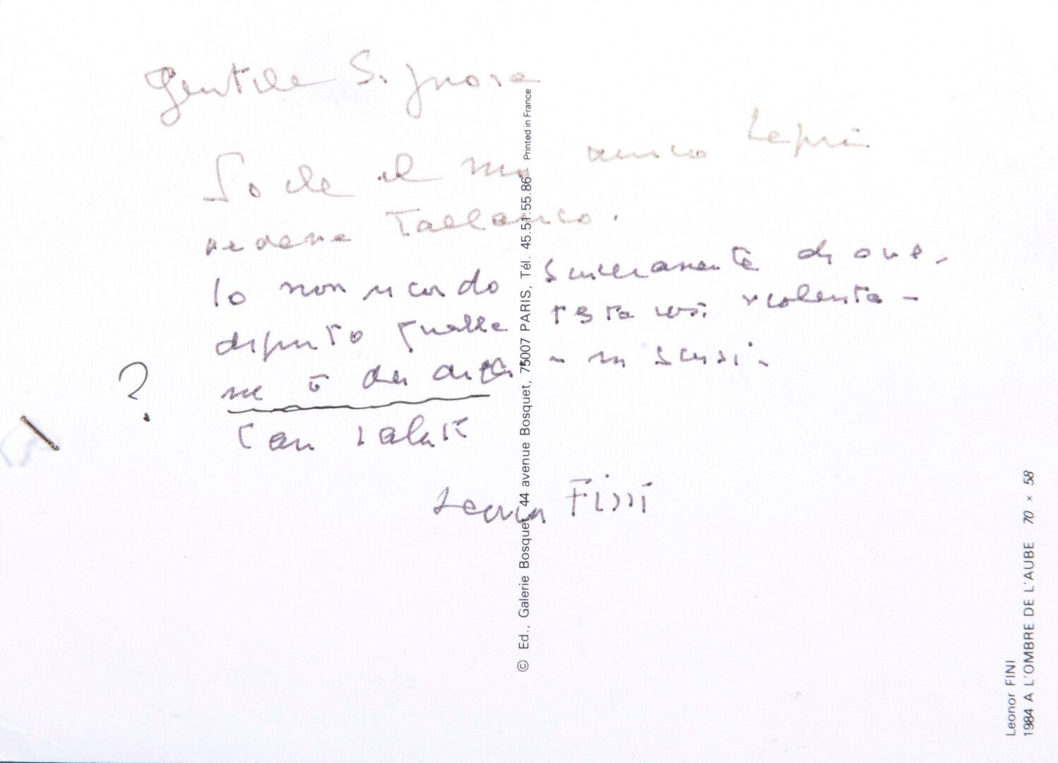 Null 菲尼-莱奥诺[1908年，布宜诺斯艾利斯-1996年，巴黎]，超现实主义画家、剧院设计师和

和作家，意大利裔。

签名的亲笔卡。明信片背面有1页12&hellip;
