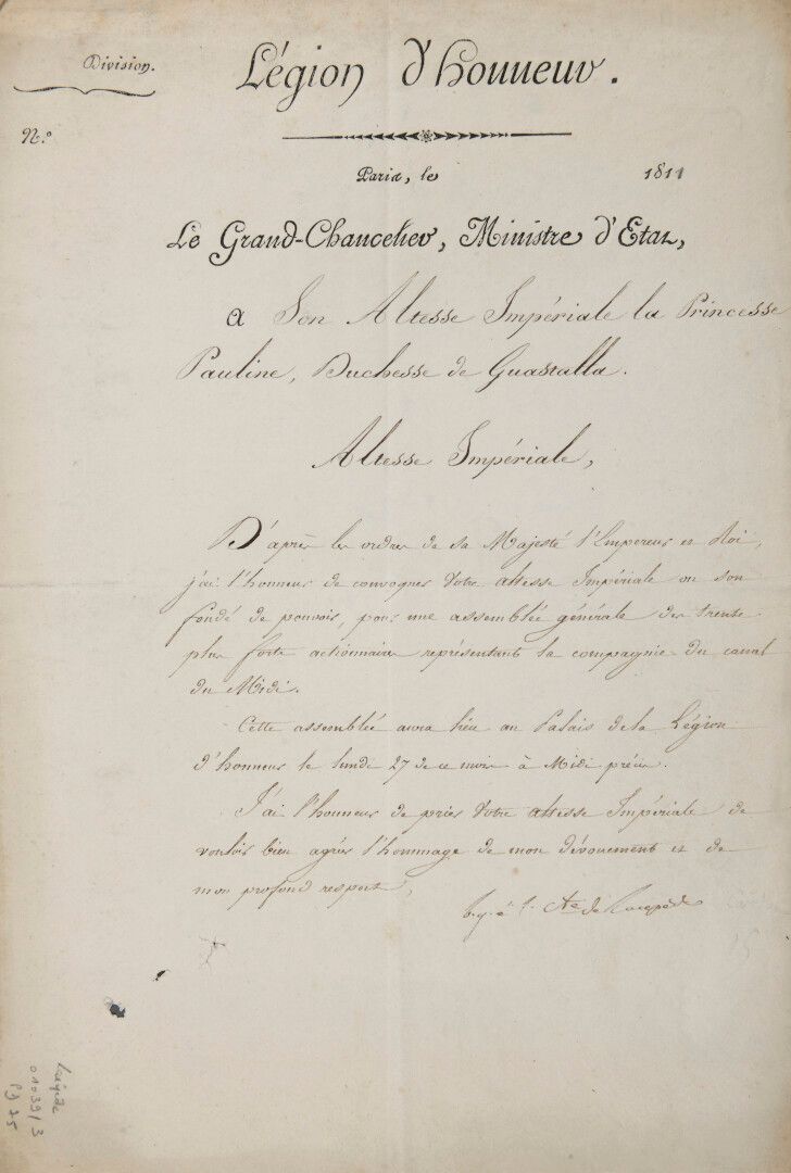 Null 伯纳德-热尔曼-艾蒂安，伯爵[阿根，1756年-埃皮奈，1825年]，大法官

荣誉军团勋章获得者，法国自然学家和政治家。

签名信，收件人是 "瓜斯&hellip;