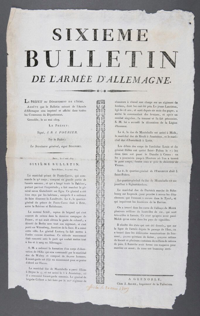 Null 德军公报。

印刷的海报。1807年；41 x 26.5厘米。

"德国军队的第六份公报。».有关5月军事事件的公告

1809年："8日，皇帝的总部&hellip;