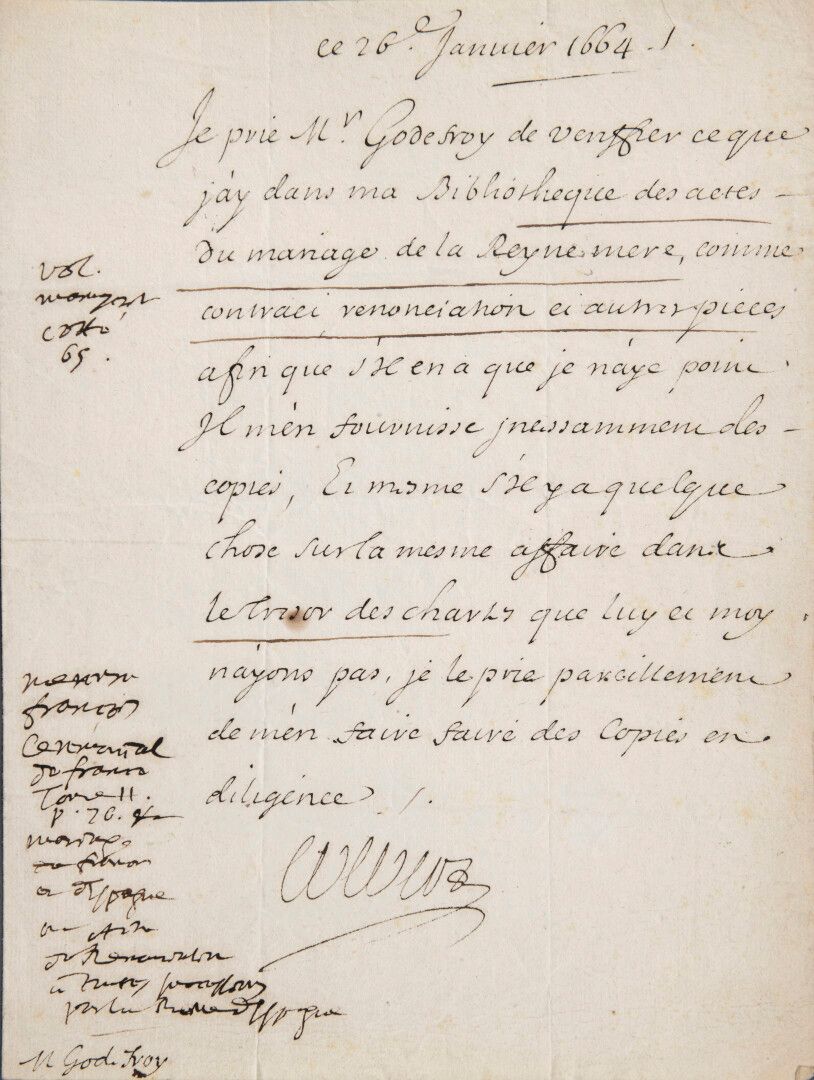 Null COLBERT Jean-Baptiste [1619年，兰斯-1683年，巴黎]，法国政治家。

签名信。1664年1月26日；1页in-4°。

&hellip;