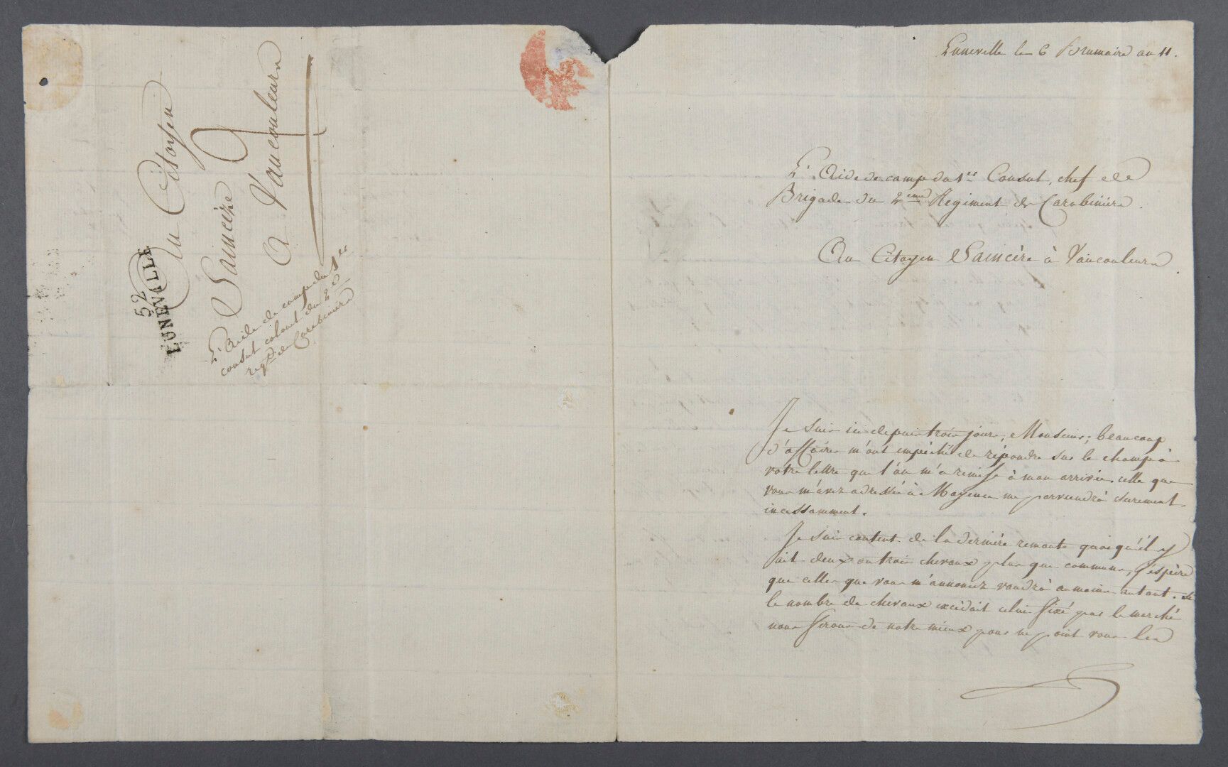 Null 卡兰库尔-阿尔芒-奥古斯丁-路易-德，维肯斯公爵 [卡兰库尔，1773年--巴黎。

1827]，法国将军和政治家。

签名信，致沃库勒尔的公民Sai&hellip;