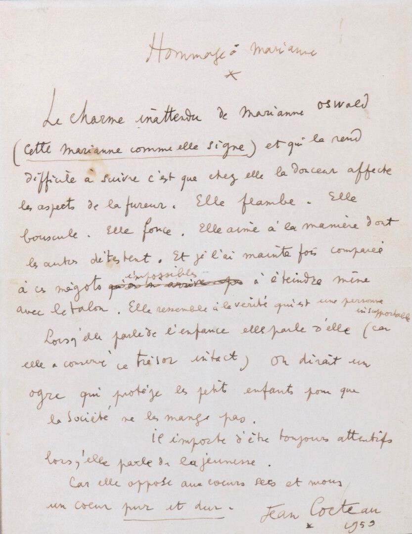 Null 柯克托-让[Maisons-Laffitte, 1889 - Milly-la-Forêt, 1963]，法国诗人和作家。

署名 "向玛丽安致敬 "&hellip;