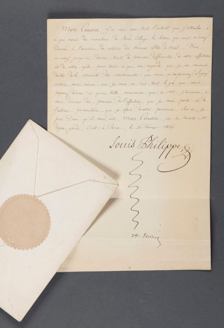 Null 路易斯-菲利普一世[1773年，巴黎-1850年，英国克莱蒙特]，法国国王。

国王签署的 "路易-菲利普 "的信，由A. Thiers会签，致

红&hellip;